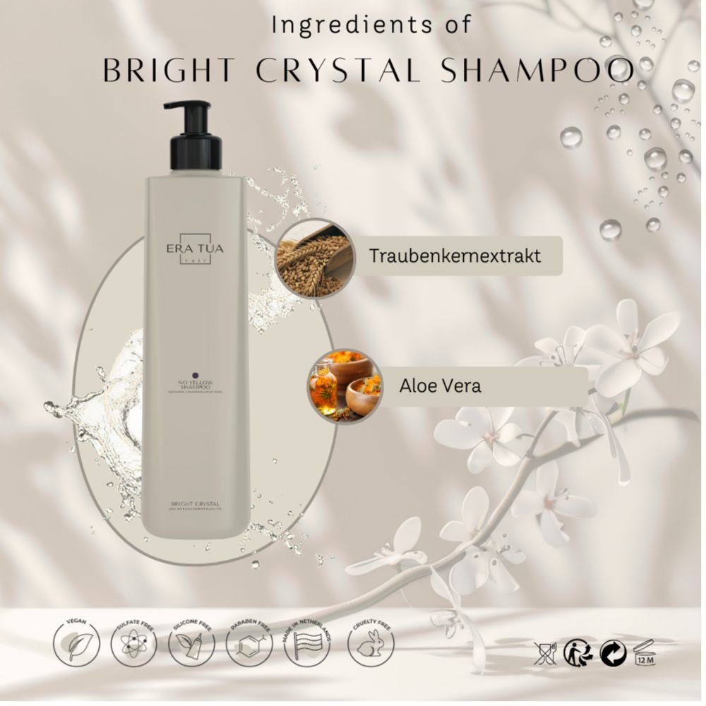 Flacon beige avec pompe noire. Texte: Era Tua, Bright Crystal Shampoo. Ingrédients: Extrait de pépins de raisin, Aloe Vera.