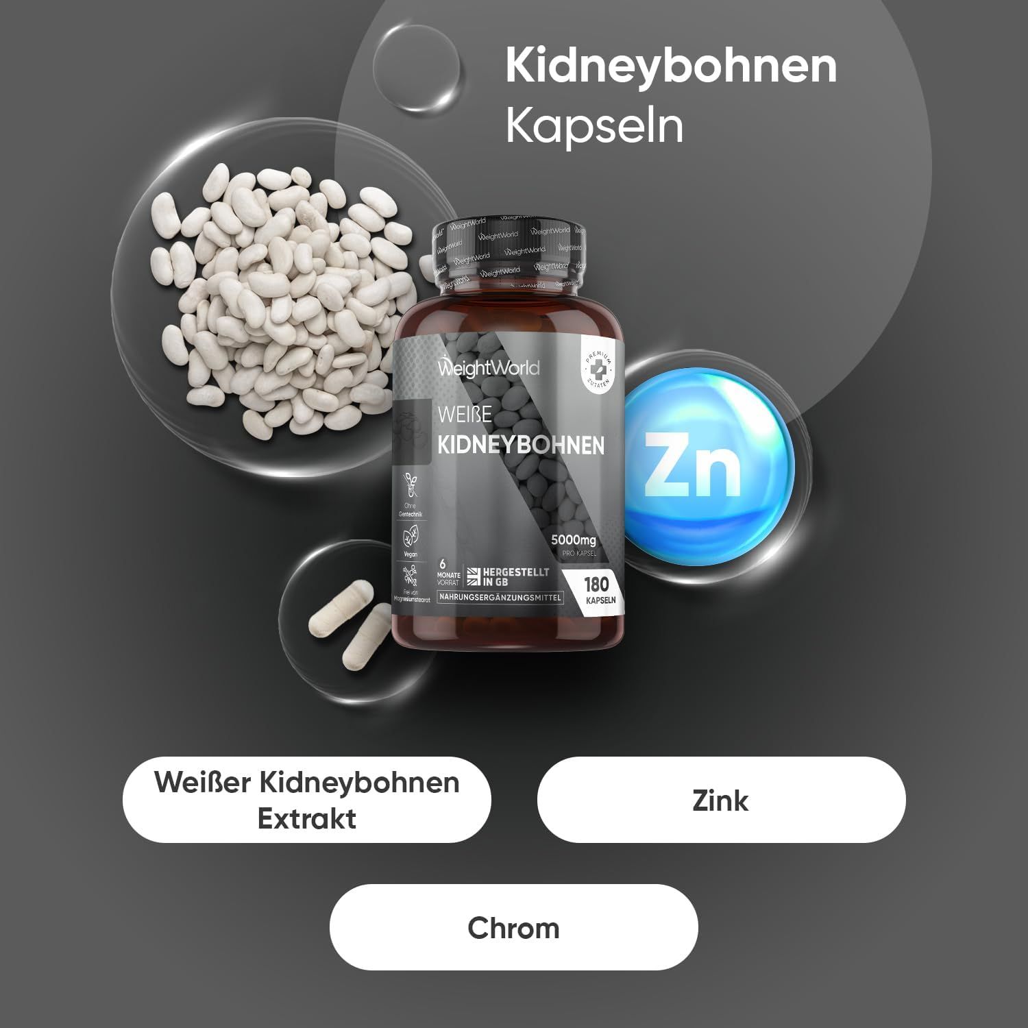 Bruine fles met capsules, witte bonen en Zn-symbool. Tekst: Weiße Kidneybohnen Kapseln, Zink, Chrom.