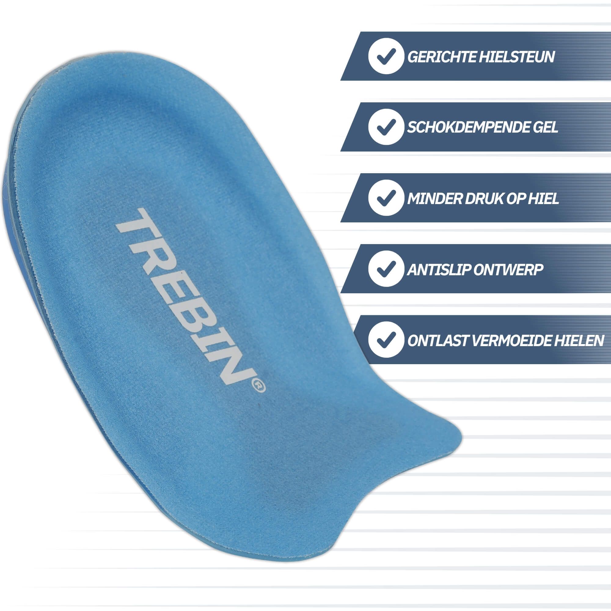 Blauwe hielinlegzool met opschrift "TREBIN". Biedt gerichte hielsteun en schokdempende gel-eigenschappen.