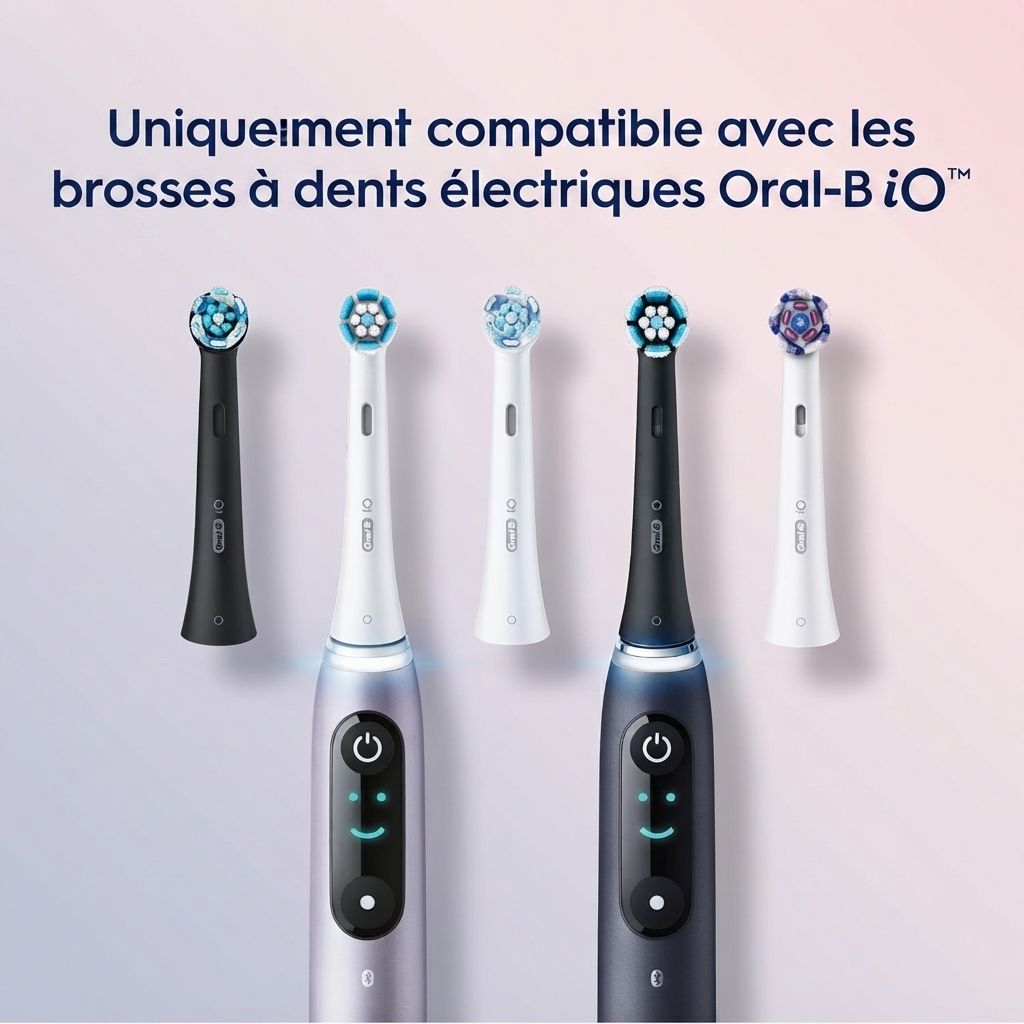 Têtes de brosse Oral-B iO de différentes couleurs sur des brosses iO.