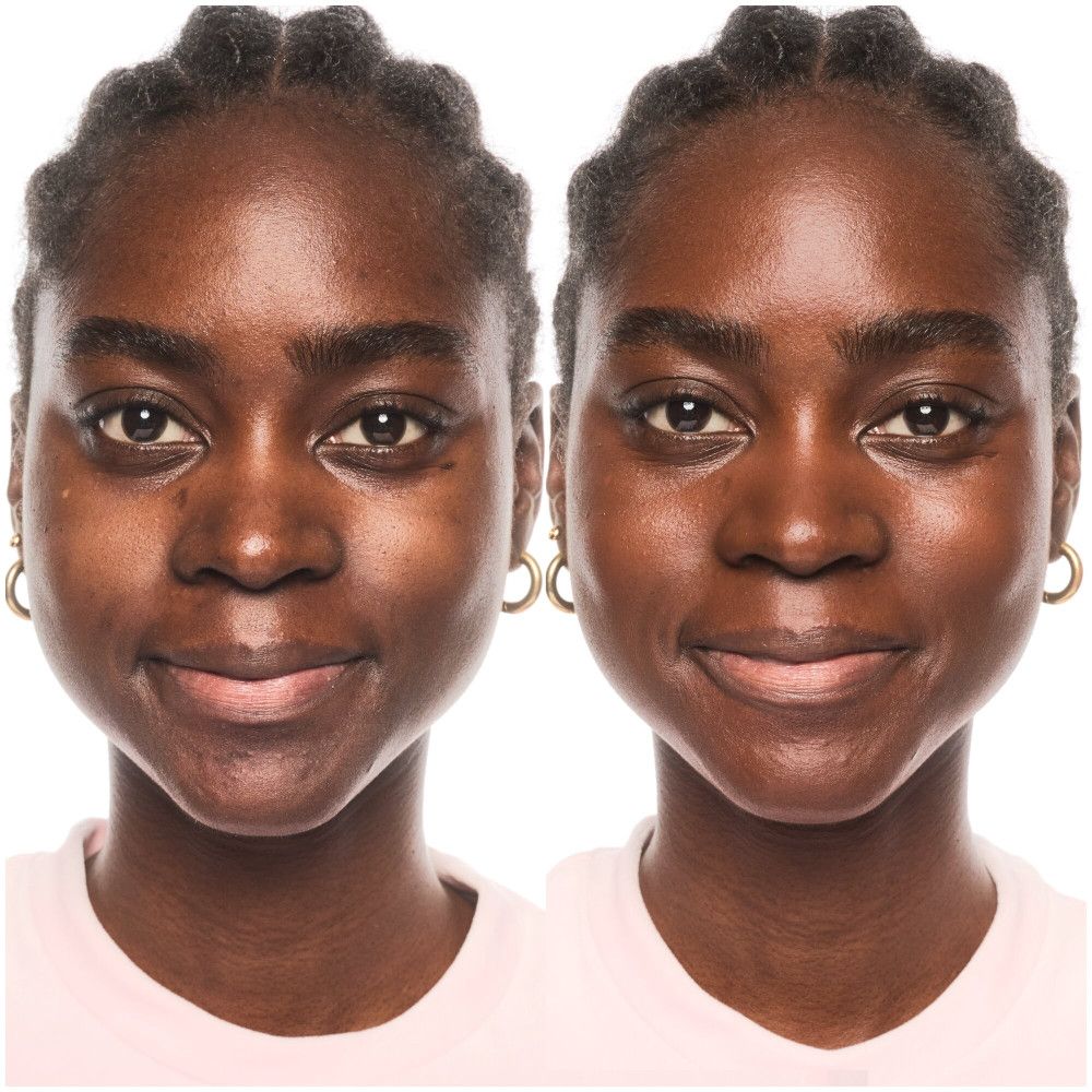 Voor-en-na-afbeelding. Gezicht van een vrouw voor en na het aanbrengen van foundation. Duidelijk verschil in huidskleur.