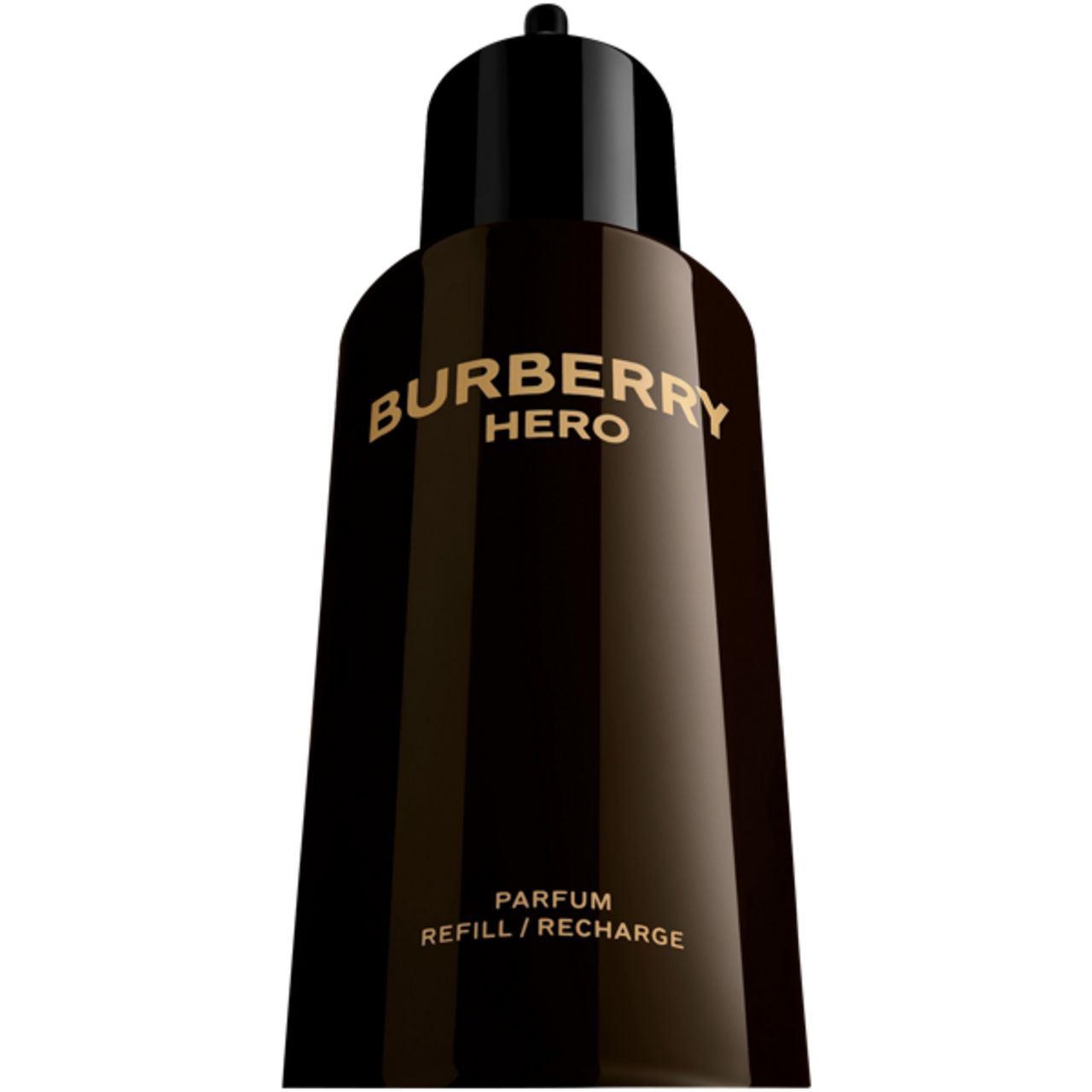 Bruine flacon met zwarte dop. Opschrift BURBERRY HERO in goud. Daaronder PARFUM REFILL/RECHARGE.