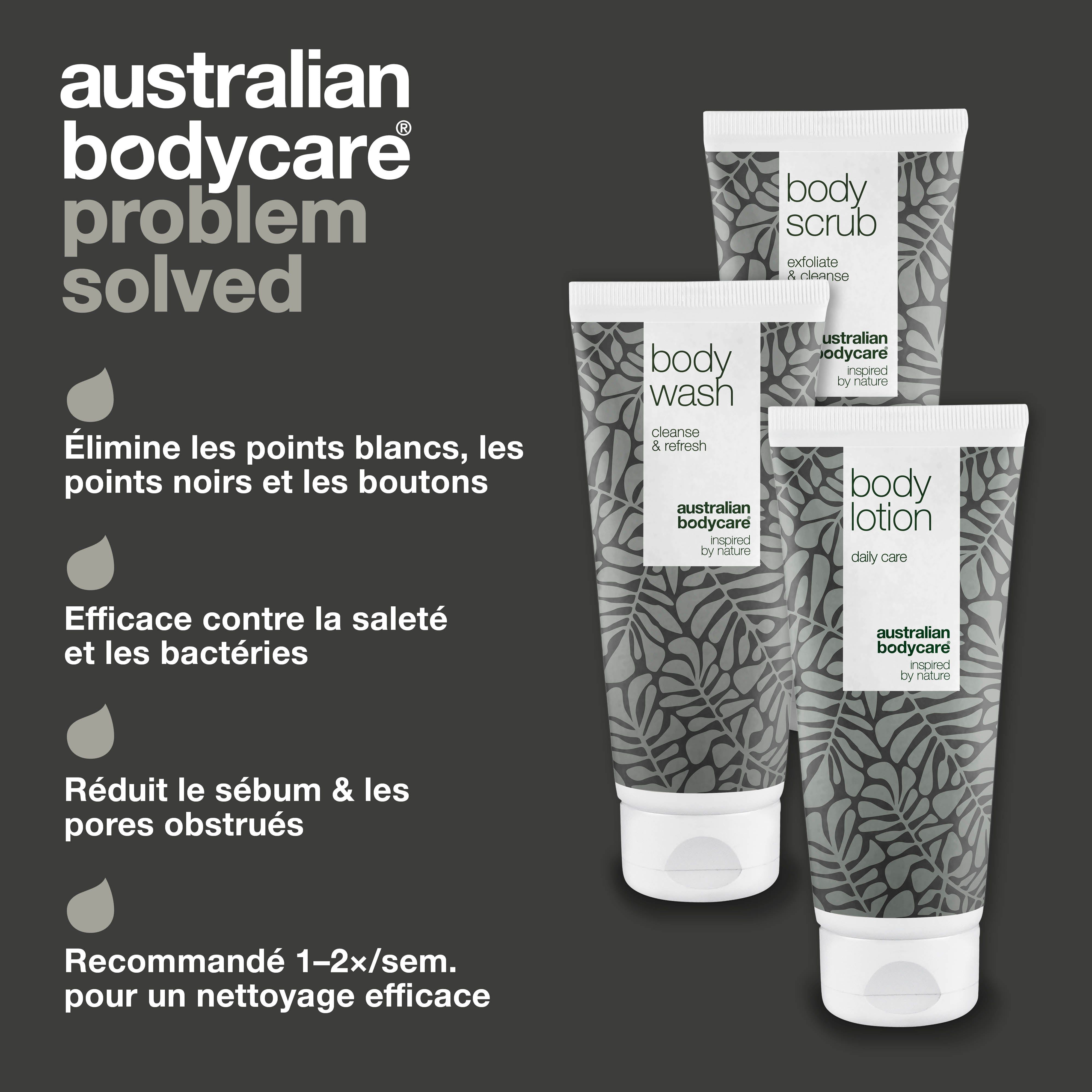 Trois tubes de produits pour le corps. Inscriptions : Body Wash, Body Scrub, Body Lotion. Marque : Australian Bodycare. Texte : Problème résolu.