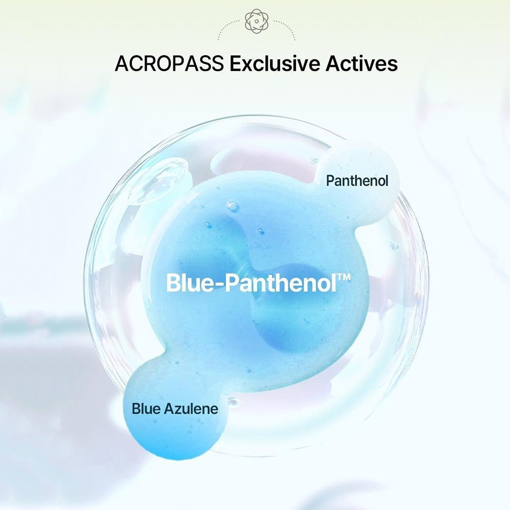 Illustratie van Blue-Panthenol, Blue Azulene en Panthenol. Ingrediënten van de ACROPASS productlijn. Blauwe, ronde weergave.