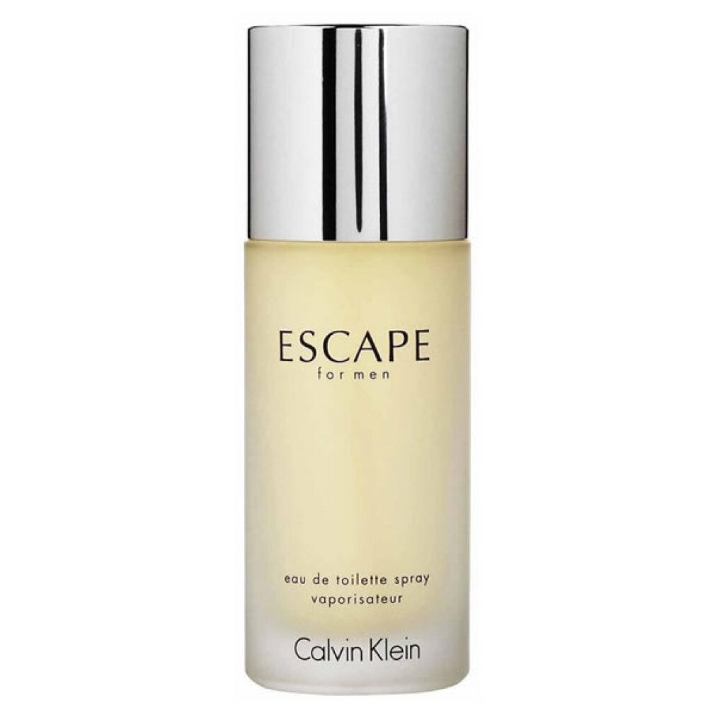 Flacon Calvin Klein Escape for men. Bouchon argenté, inscription Escape for men. En bas, Calvin Klein. Liquide jaunâtre.