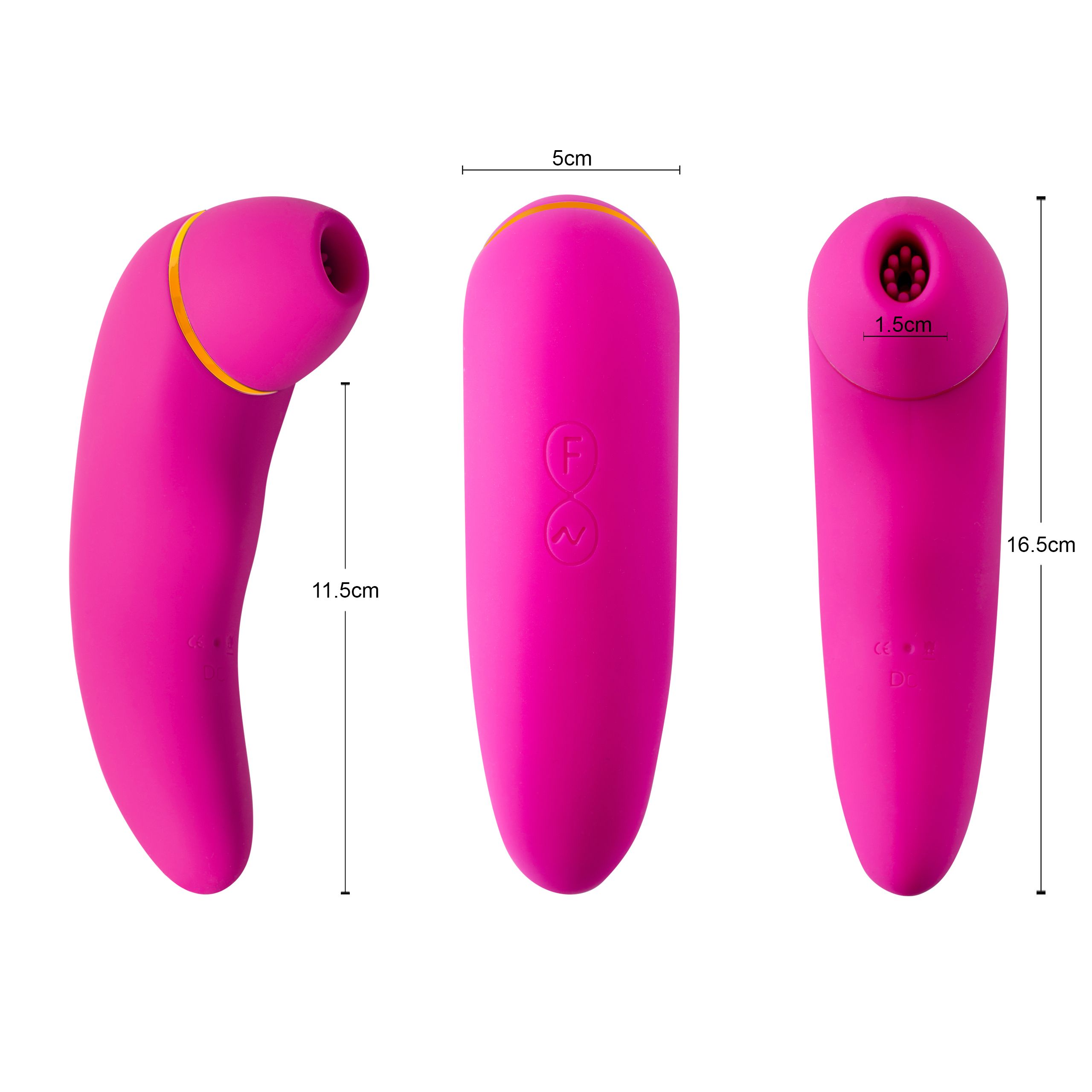 Trois vues d'un vibrateur rose avec des accents dorés. Dimensions : 16,5 cm, 11,5 cm et 5 cm.