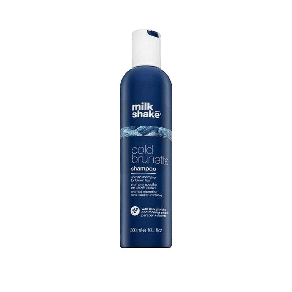 Donkerblauwe shampoo fles met witte dop. Opschrift: Milk Shake, Cold Brunette Shampoo. 300ml.