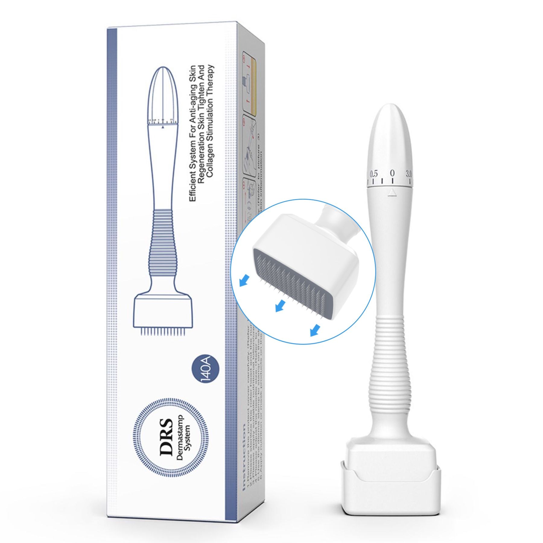 Witte Derma Stamp met verpakking. Opschrift: DRS Dermastamp System 140A. Met 40A naalden.