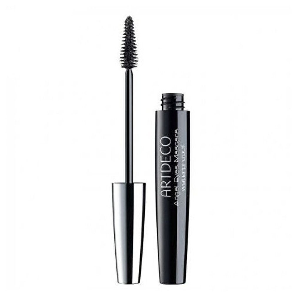 Zwarte mascara tube en borstel. Opschrift: ARTDECO Angel Eyes Mascara waterproof. Op witte achtergrond.
