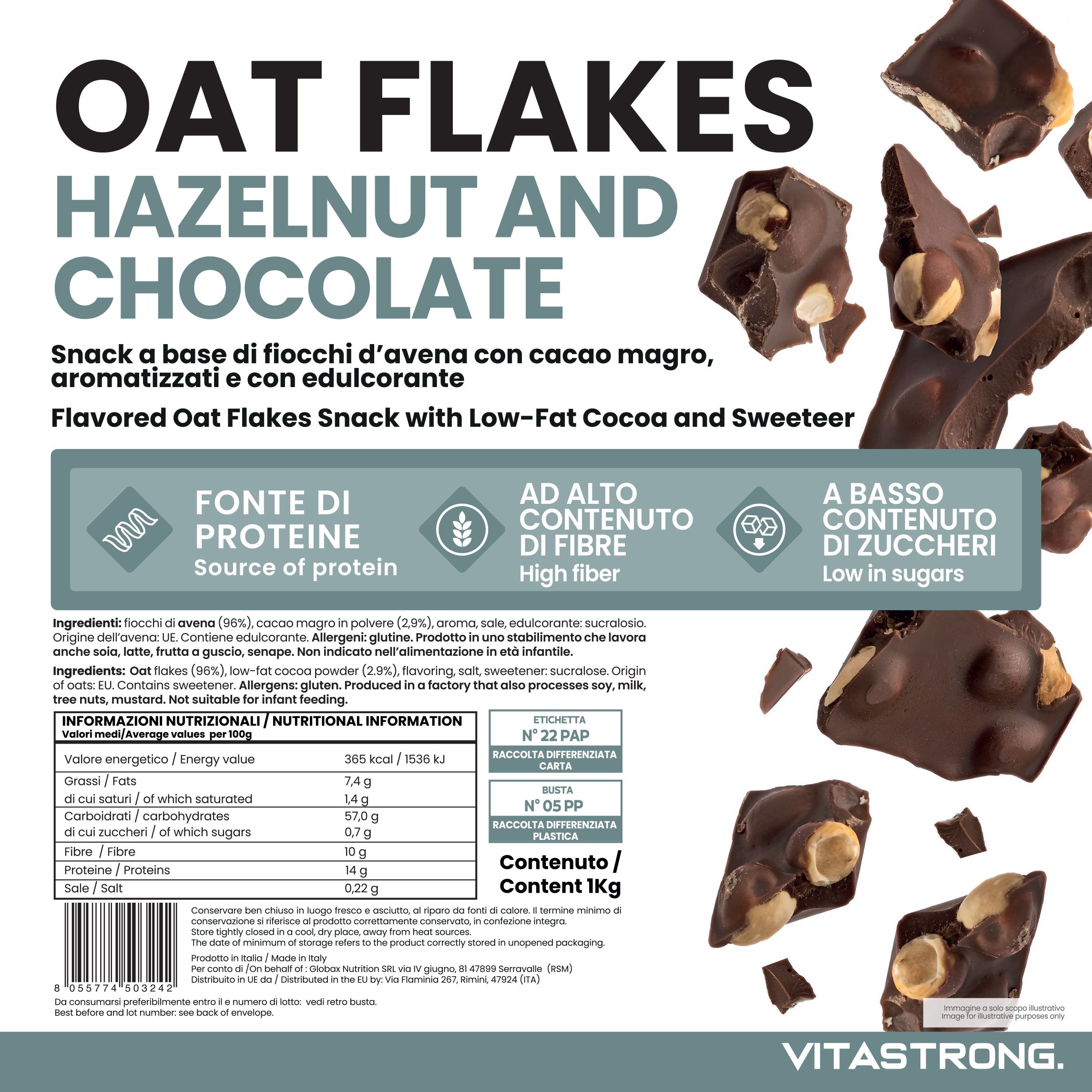 Close-up van de verpakking van Vitastrong Oat Flakes met hazelnoten en chocolade. Tekst: Bron van eiwitten, hoog vezelgehalte, laag suikergehalte.