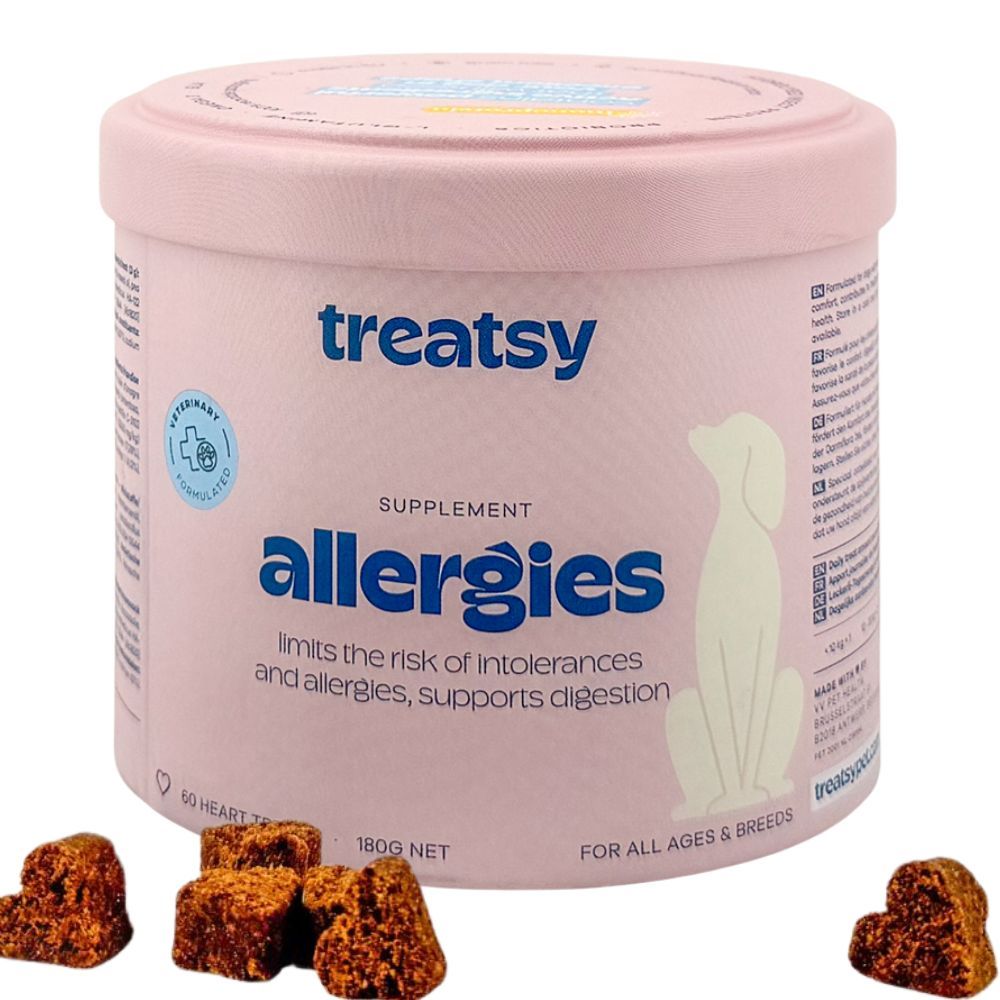 Boîte rose avec "Treatsy Allergies". Friandises à côté. Texte : "60 Heart Treats".