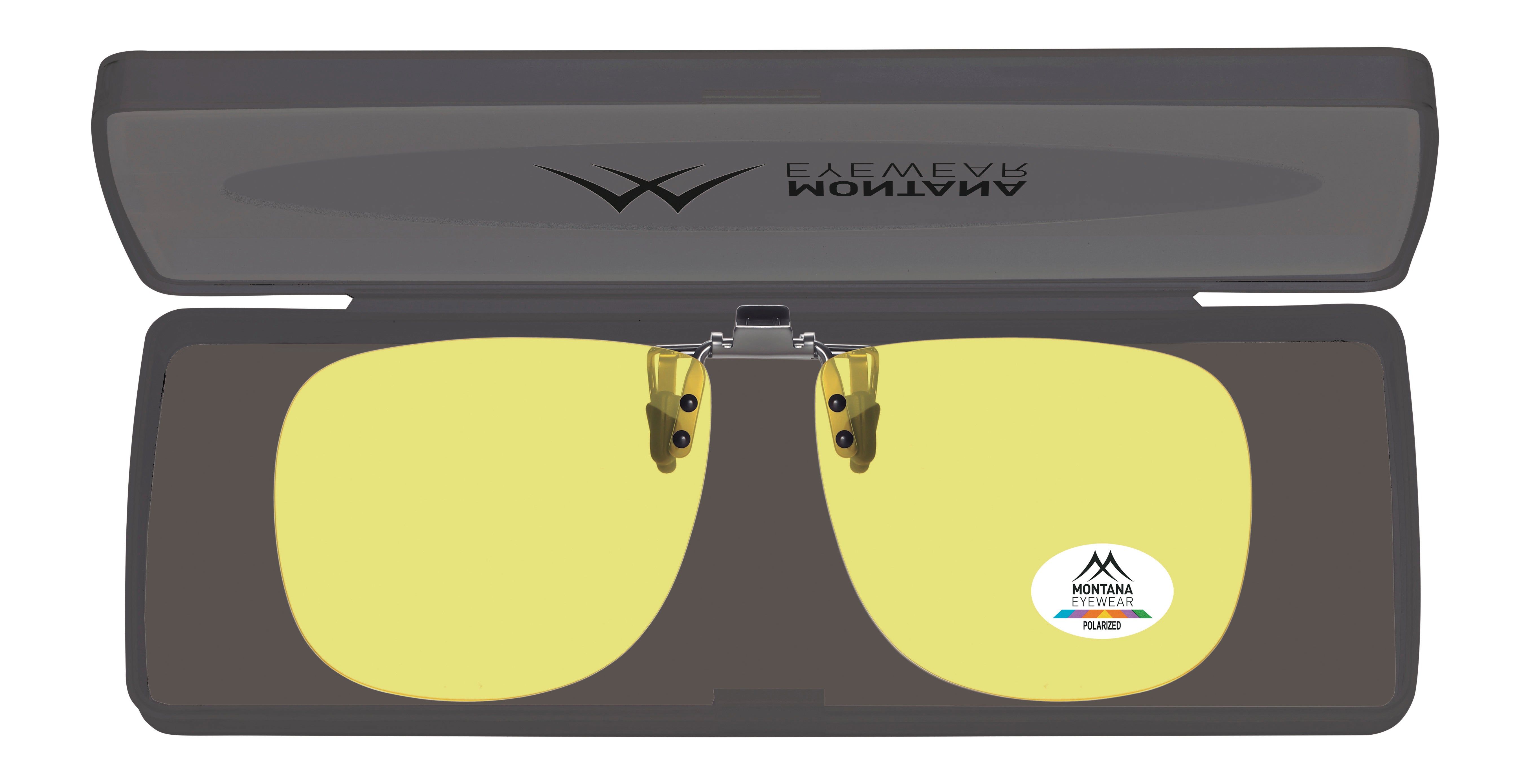 Lunettes de soleil à clip jaunes dans un étui gris. Logo Montana Eyewear et étiquette polarisée.