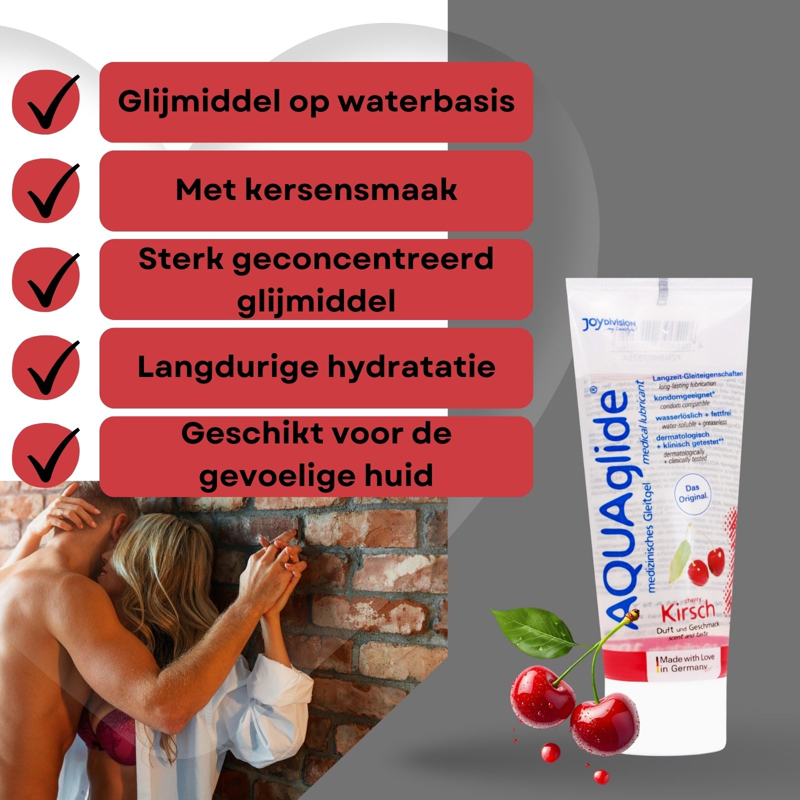 Producttube AQUAglide, Kirsch, naast tekstvakken. Paar raakt elkaar aan. Kersen-illustratie.