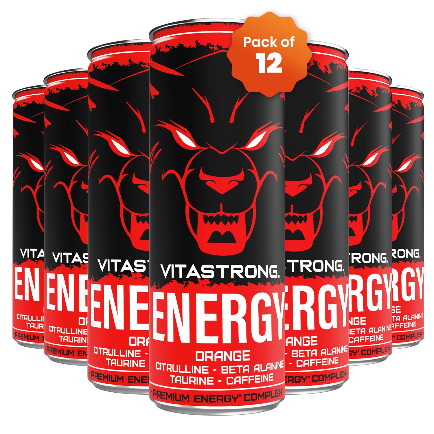 Vitastrong Energy Orange. 6 blikjes naast elkaar. Rode blikjes met zwart wolfsgezicht.