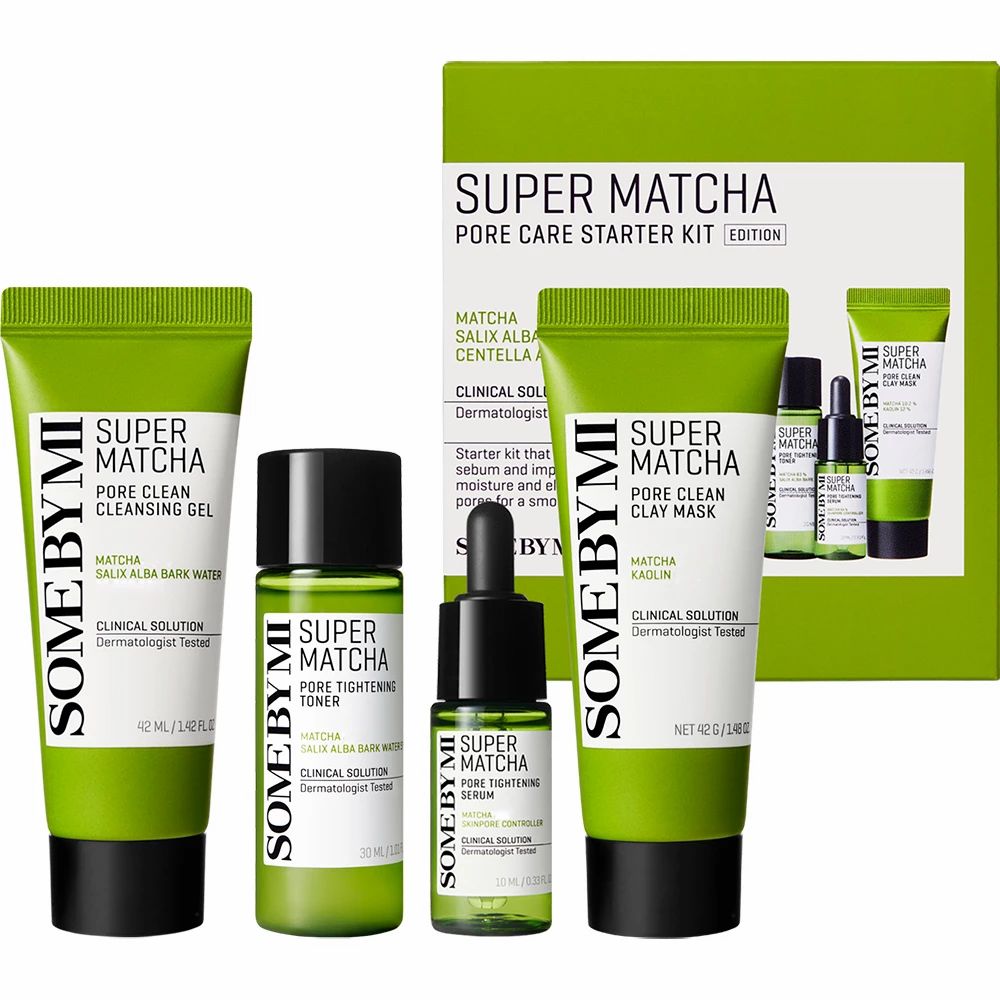 Groene set huidverzorgingsproducten. Bevat reinigingsgel, toner, serum en masker. Verpakking met productnaam.