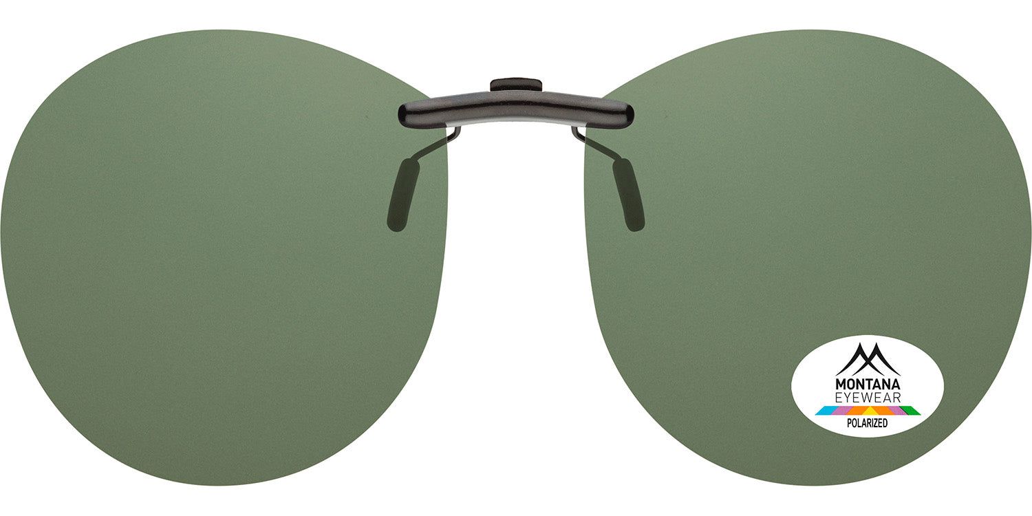 Clip-on solaire avec verres ronds verts. Monture sombre. Logo et texte 'POLARIZED'.