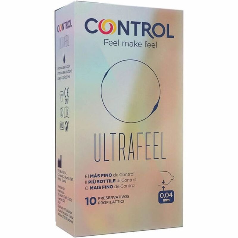 Emballage CONTROL ULTRAFEEL. Contient 10 préservatifs. Texte en espagnol, italien et portugais. Épaisseur 0,04 mm.