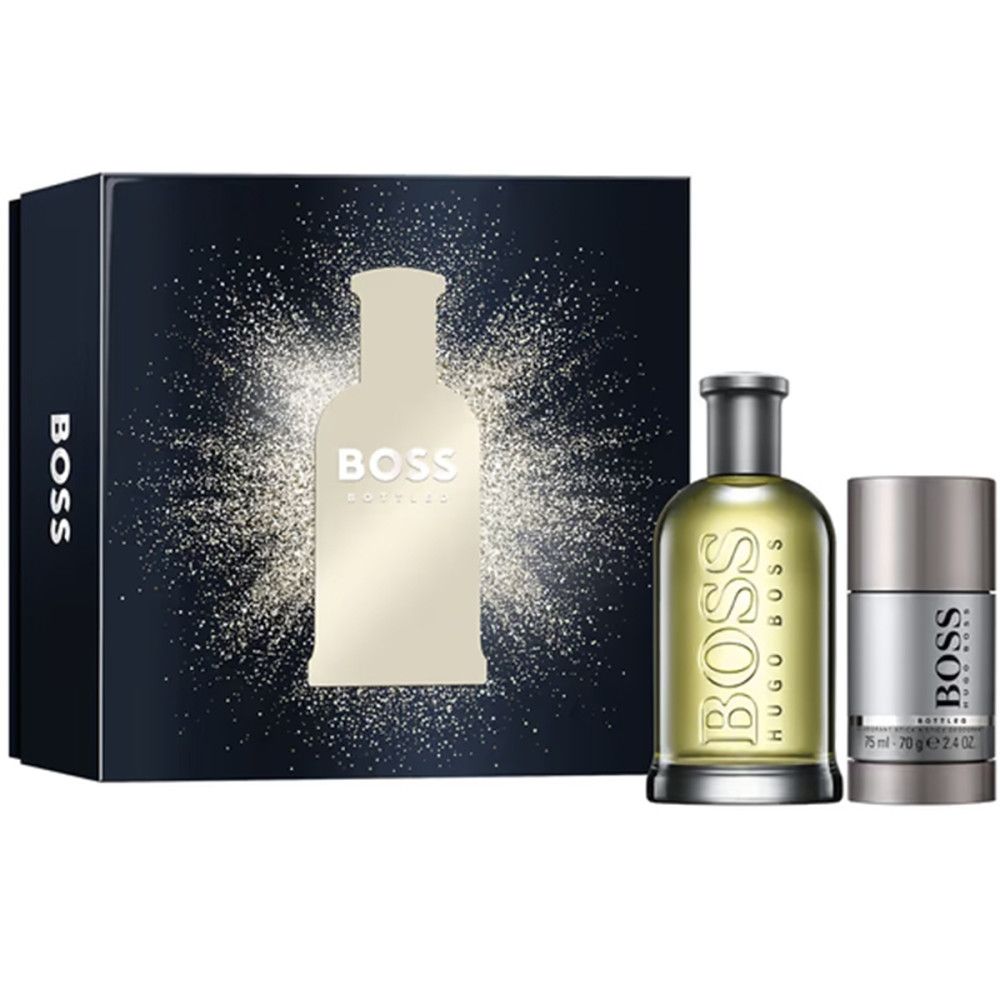 Geschenkset met fles, deodorantstick en doos. Fles met BOSS-logo. Doos met BOSS-opschrift.