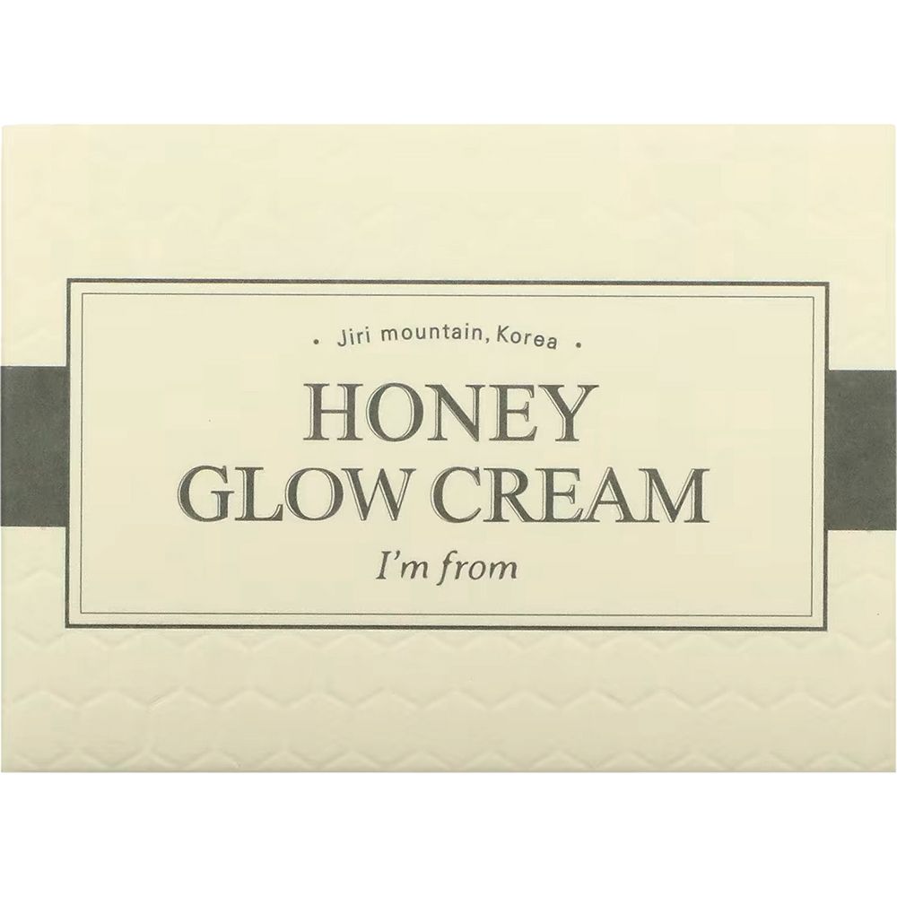 Emballage avec inscription: HONEY GLOW CREAM, I'm from. Étiquette jaune.