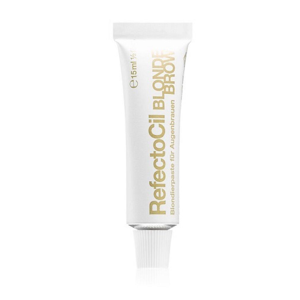 Tube RefectoCil Blondierpaste voor wenkbrauwen. Witte tube met gouden tekst. Volume: 15ml.