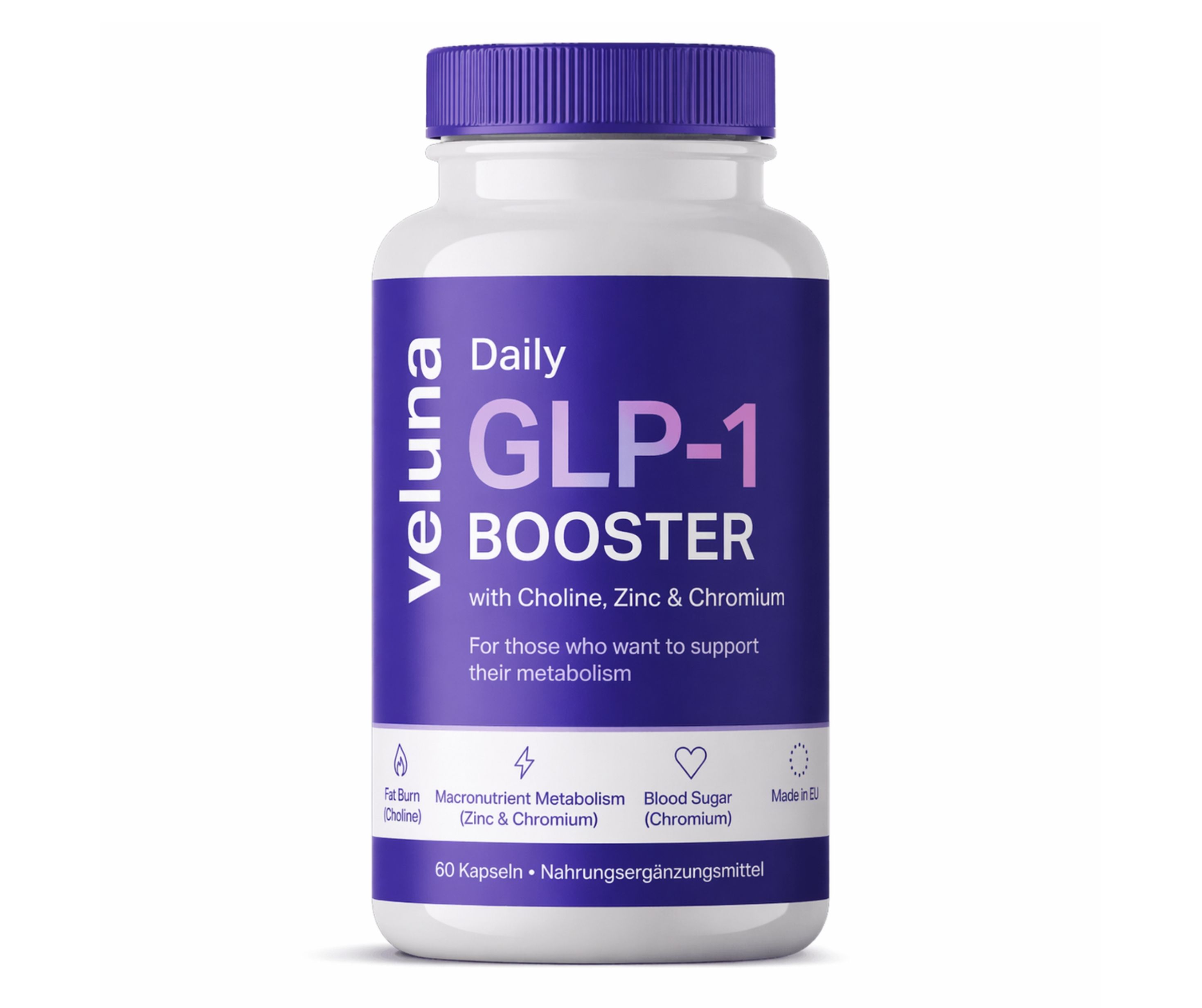 Flacon blanc avec étiquette violette. Inscription: Daily GLP-1 BOOSTER. Contient de la choline, du zinc et du chrome. 60 gélules.