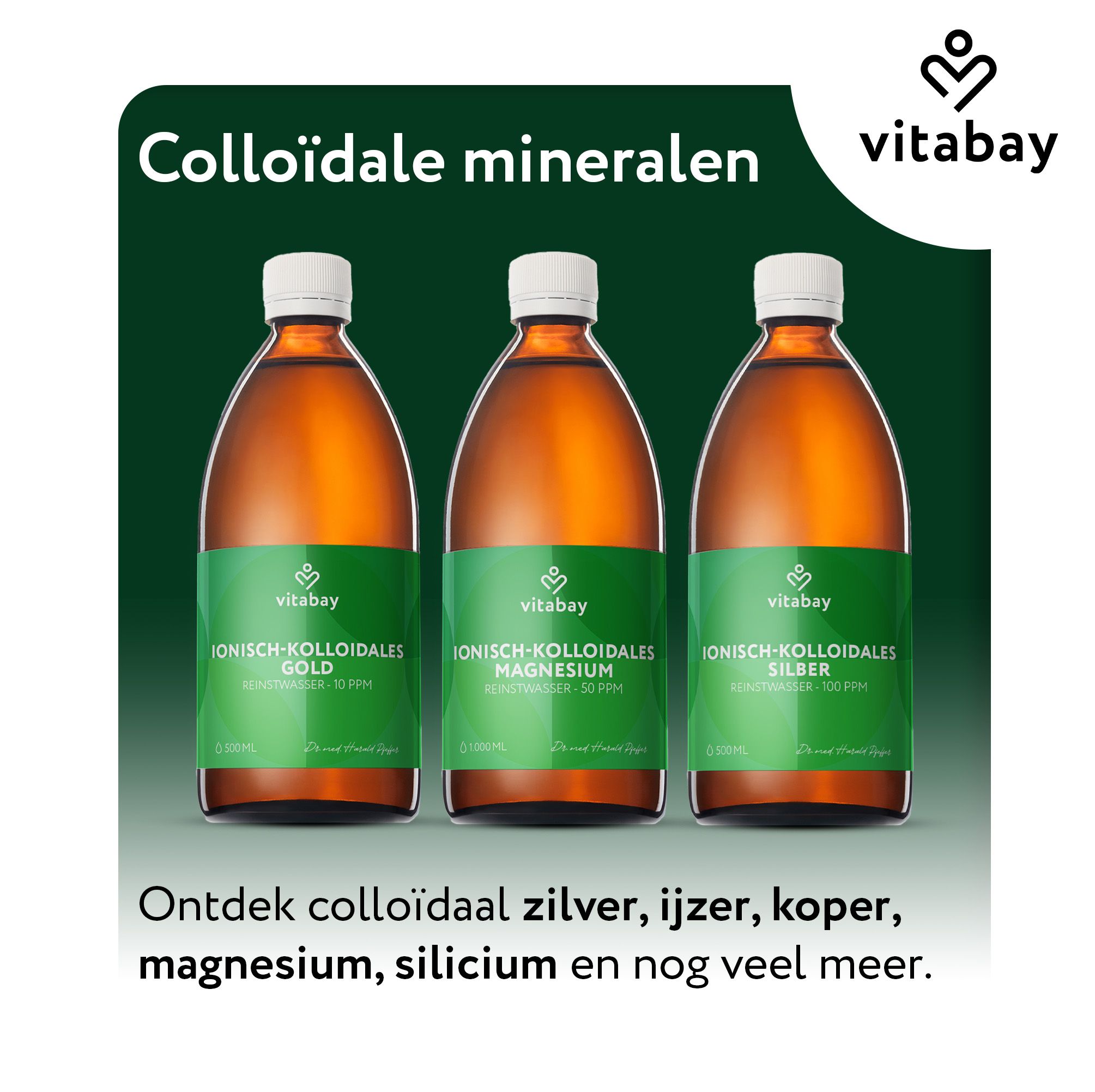 Fles Colloïdaal Goud 20 PPM met tekst: Ultrapuur water, 1.000 ml per fles, 20 eenheden goud per miljoen.