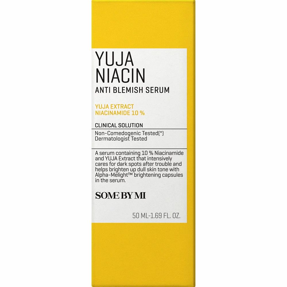 Gele verpakking. Tekst: Yuja Niacin Anti Blemish Serum. Ingrediënten en beschrijving.