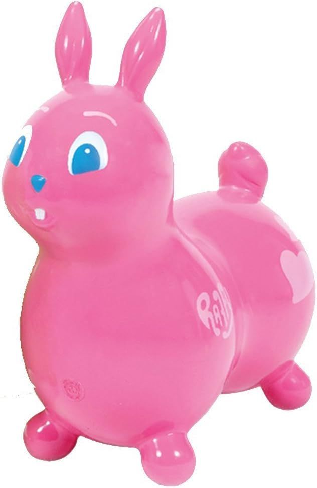 Roze springdier konijn met blauwe ogen en oren. Een hart op de rug. De naam "RAFFY" is zichtbaar aan de zijkant.