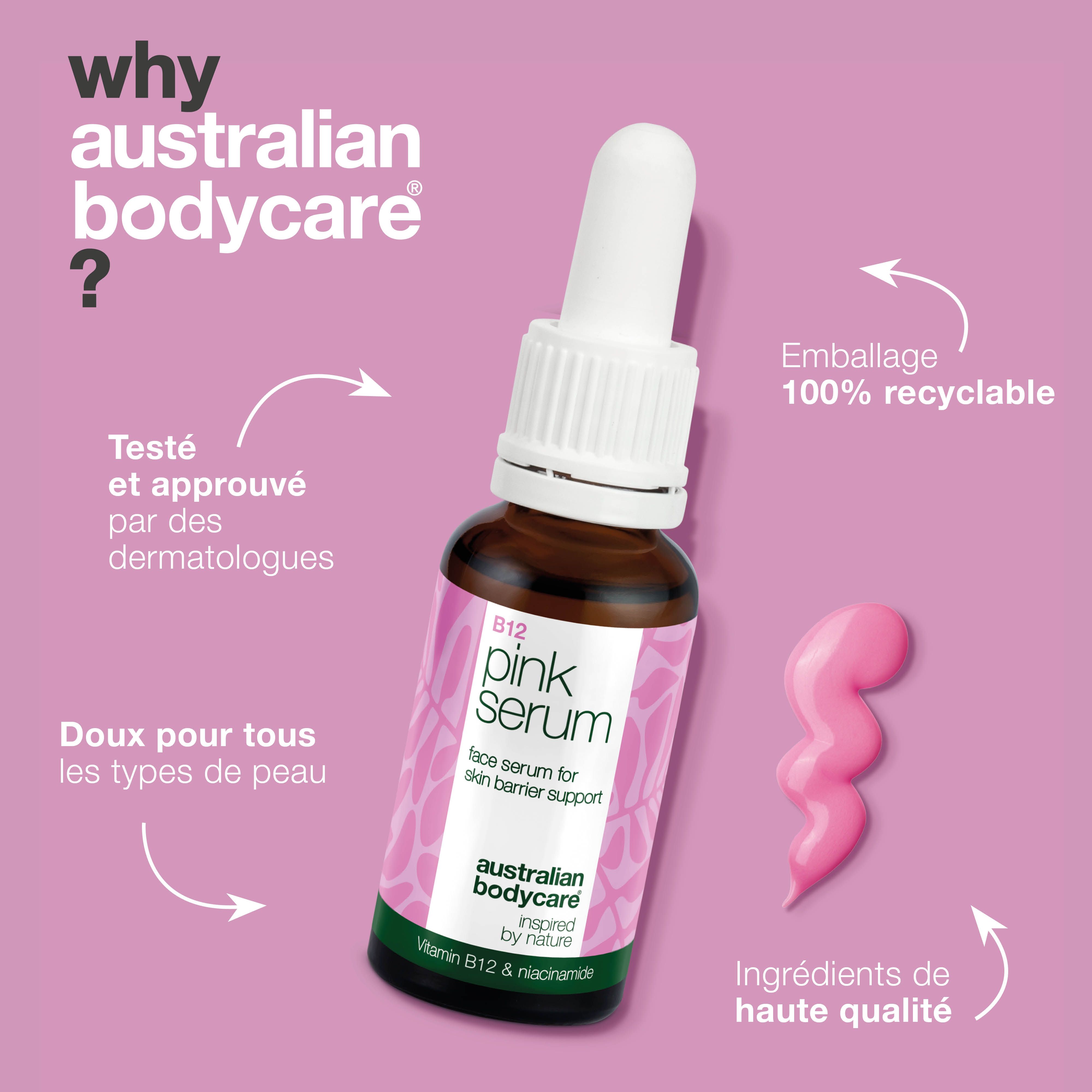 Flacon Pink Serum, fond rose. Texte: Testé, tous types de peau, emballage recyclable, ingrédients de qualité.