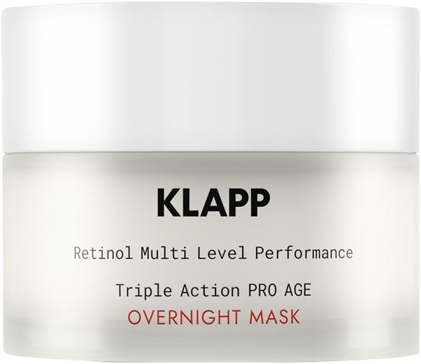 Witte pot met deksel. Opschrift: KLAPP, Retinol Multi Level Performance, Triple Action PRO AGE, OVERNIGHT MASK.