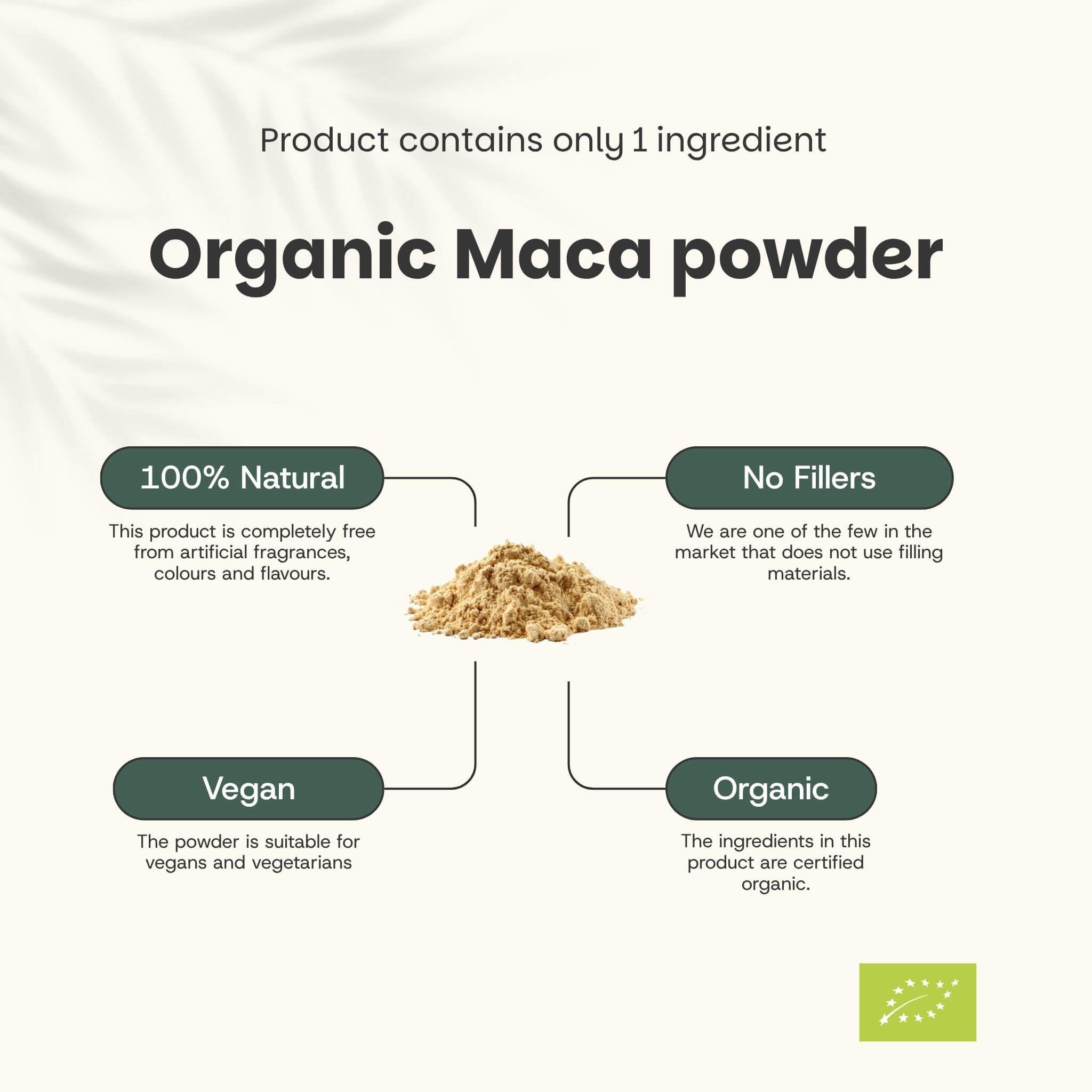 Graphique avec texte: Organic Maca powder. 100% naturel, sans additifs, vegan, bio.