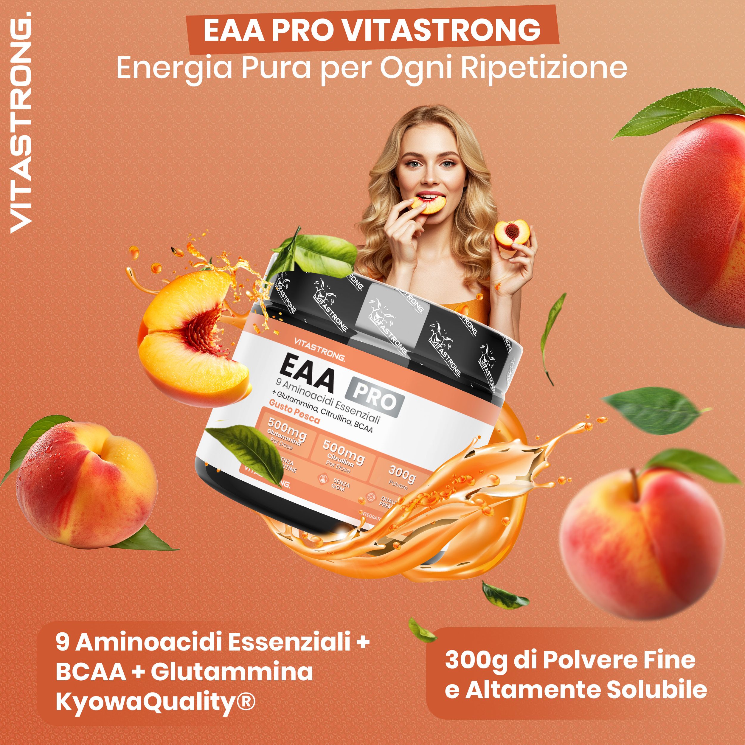 Vitastrong EAA Pro, pot. Femme mange pêche. Pêches et liquide. 9 acides aminés, BCAA, glutamine. 300g. Énergie pour chaque répétition.
