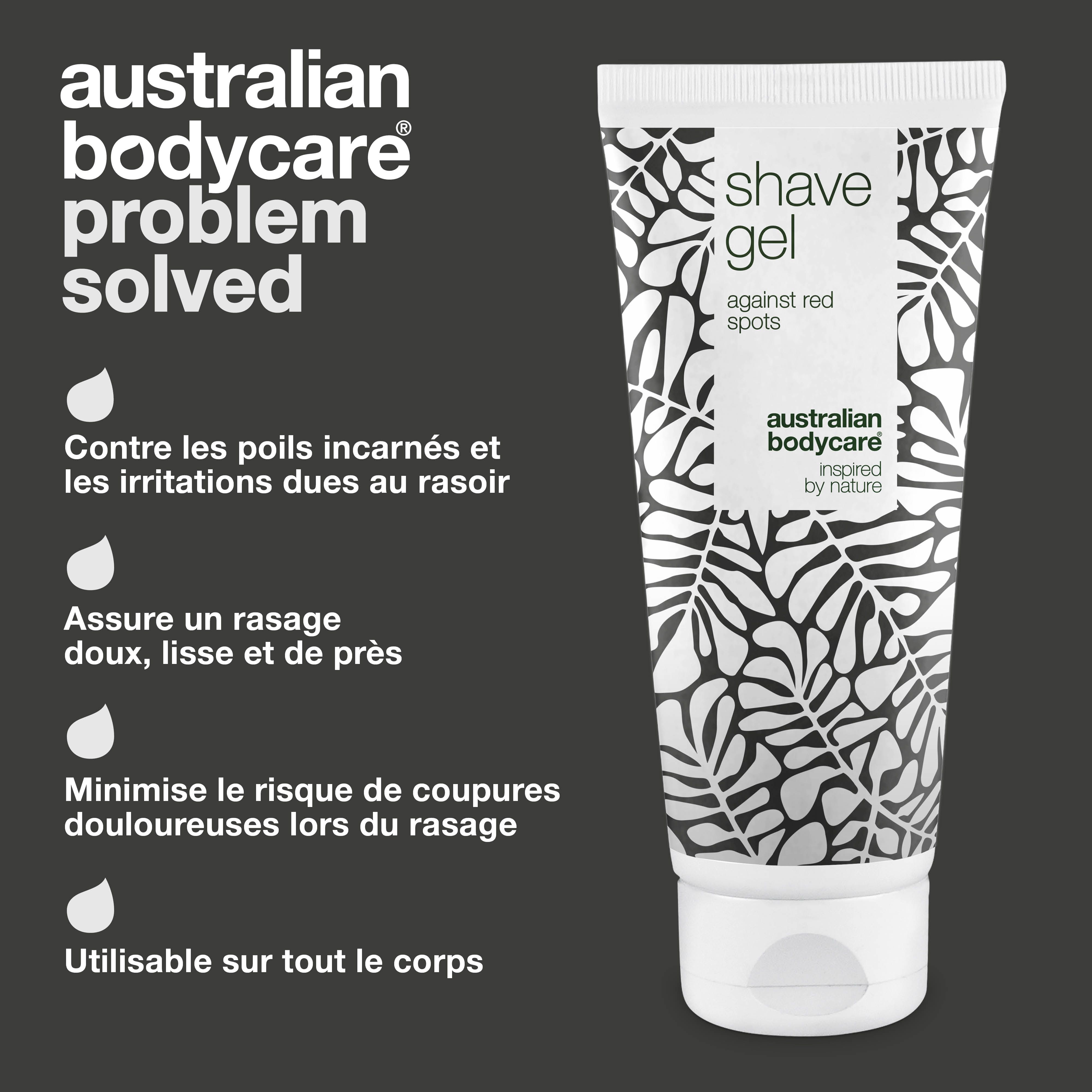 Tube de gel à raser avec texte. Inscription: shave gel against red spots. Australian Bodycare. Contre les boutons.