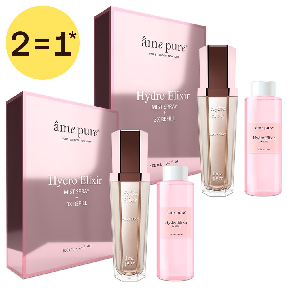 Deux coffrets âme pure Hydro Elixir, chacun avec un spray et une recharge.