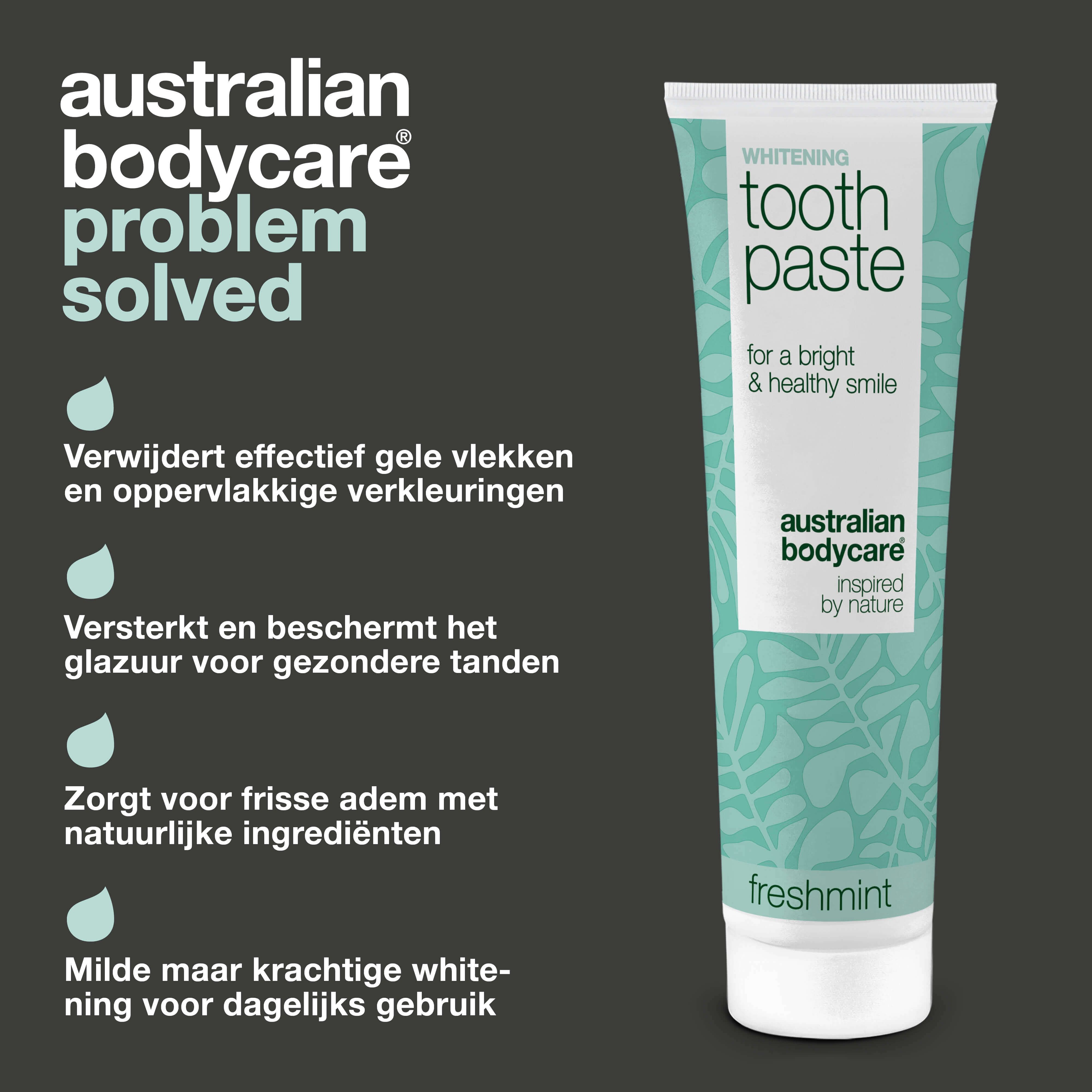 Tandpastatube, tekst: Whitening Toothpaste, Australian Bodycare. Beschrijving van voordelen.