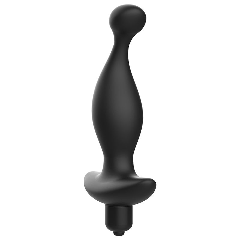 Vibrateur anal noir à forme courbée, base large et extrémité sphérique, vu de côté.