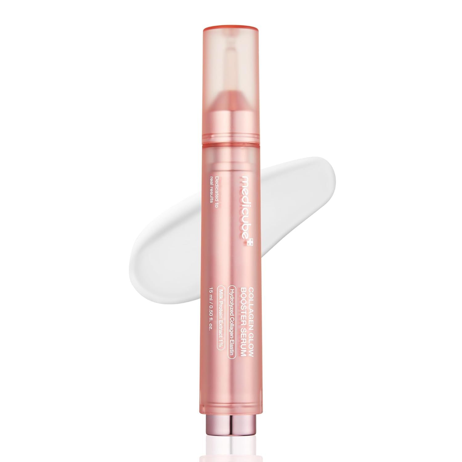 Flacon de sérum rose avec embout compte-gouttes et goutte blanche. Texte : medicube, Collagen Glow Booster Milk Serum.