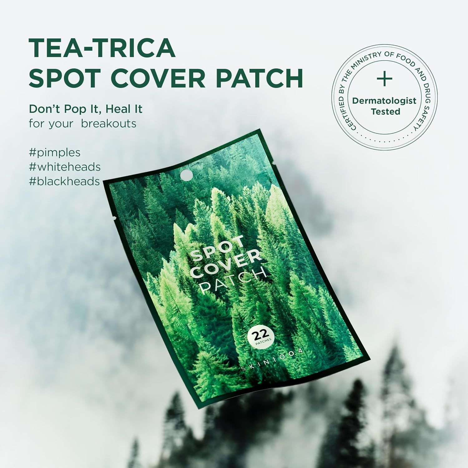 Verpakking Spot Cover Patch, groen met bosmotief. Tekst: Spot Cover Patch, 22 patches. Gecertificeerd.