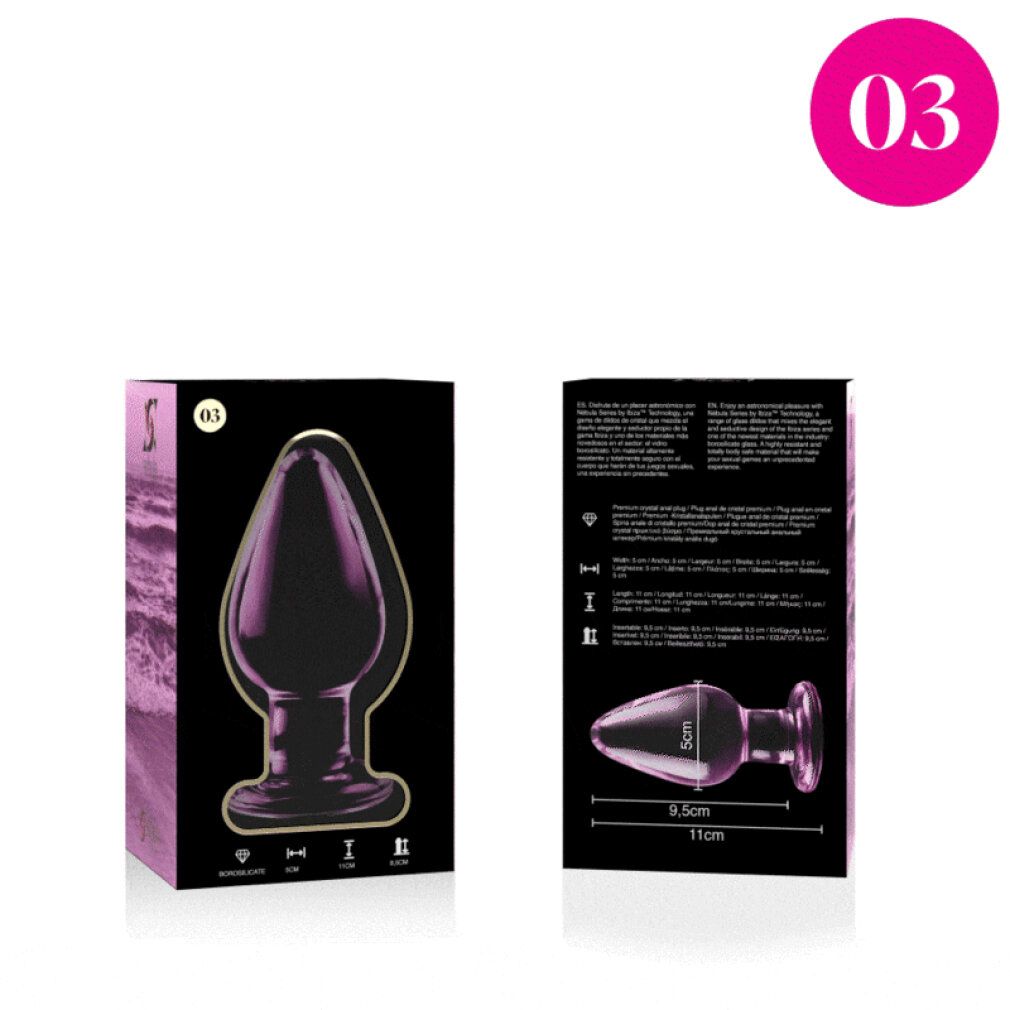 Emballage et plug anal en verre rose. Le plug mesure 11 cm de long, 5 cm de large.