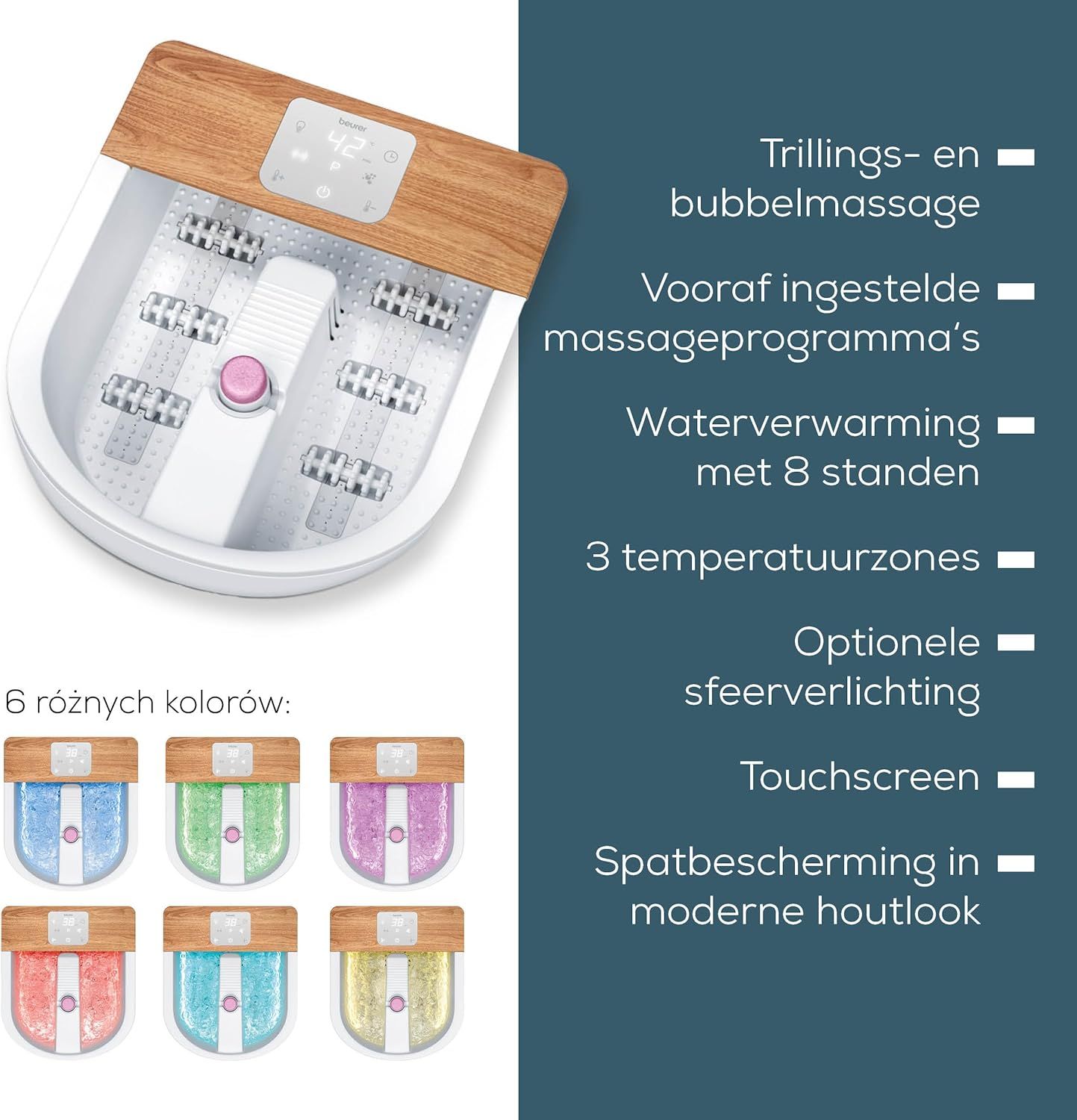 Voetenbad met bruisfunctie, pedicure-unit, bubbelmassage en houten accenten.