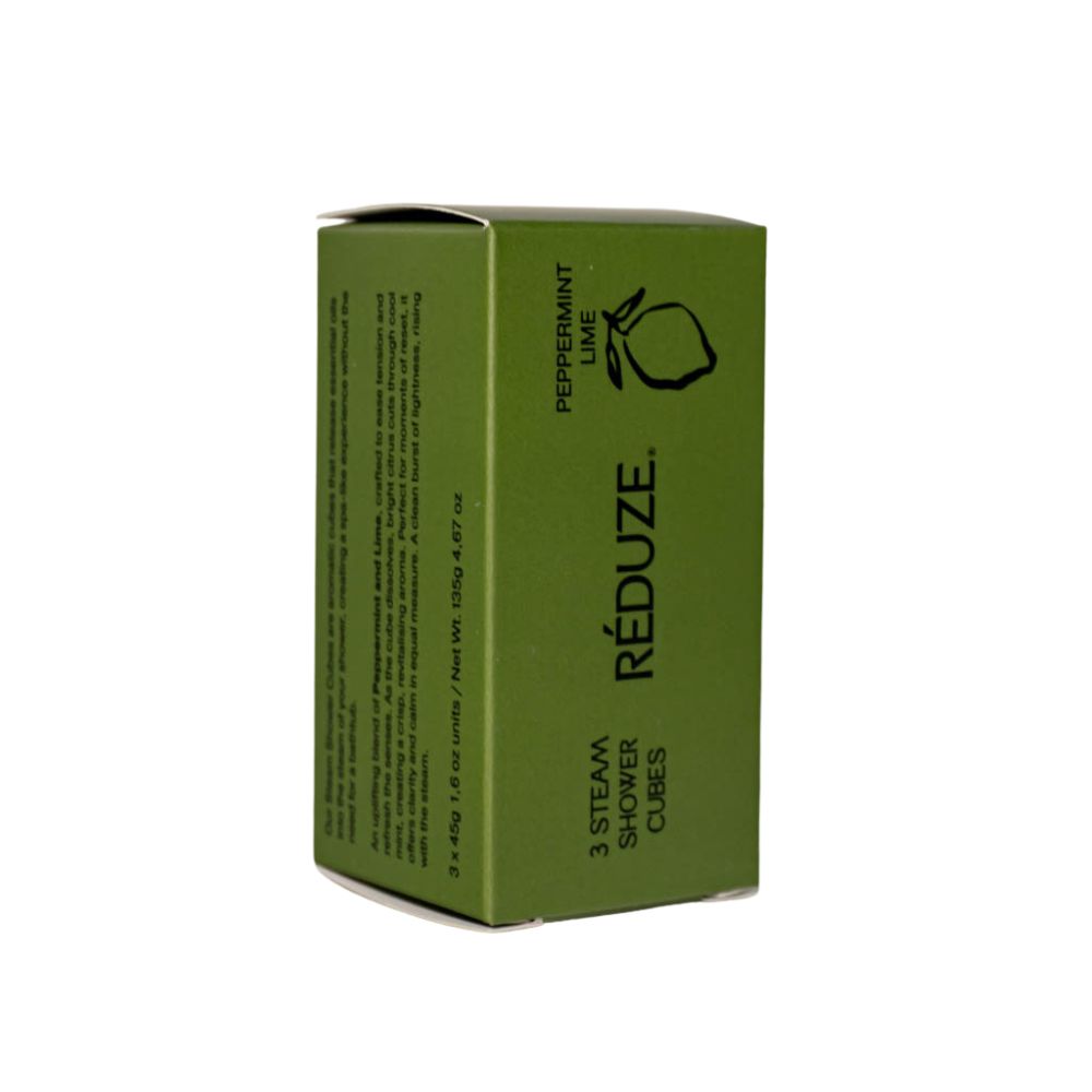 Groene doos met opschrift RÉDUZE, pepermunt & limoen. 3 Steam Shower Cubes.