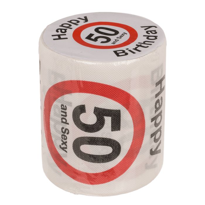 Rol toiletpapier met opdruk. Tekst: Happy Birthday, 50 and Sexy. Rode cirkel met leeftijdsindicatie.