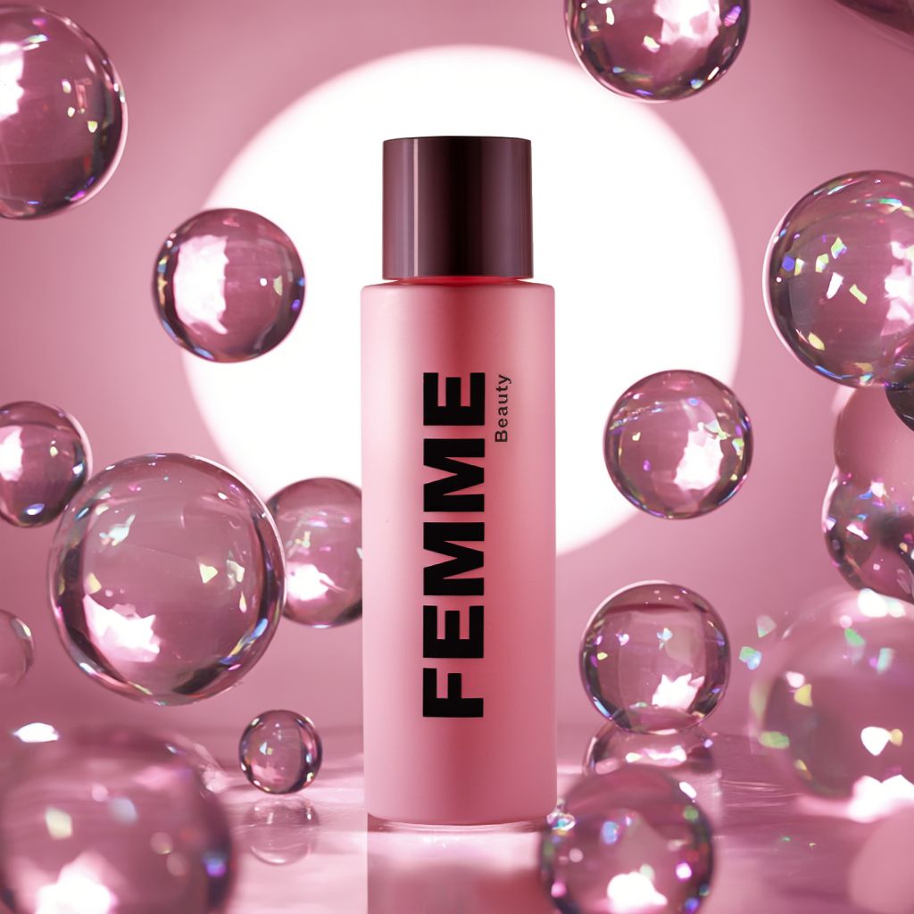 FEMME Beauty fles met donkere dop, omringd door roze bubbels.