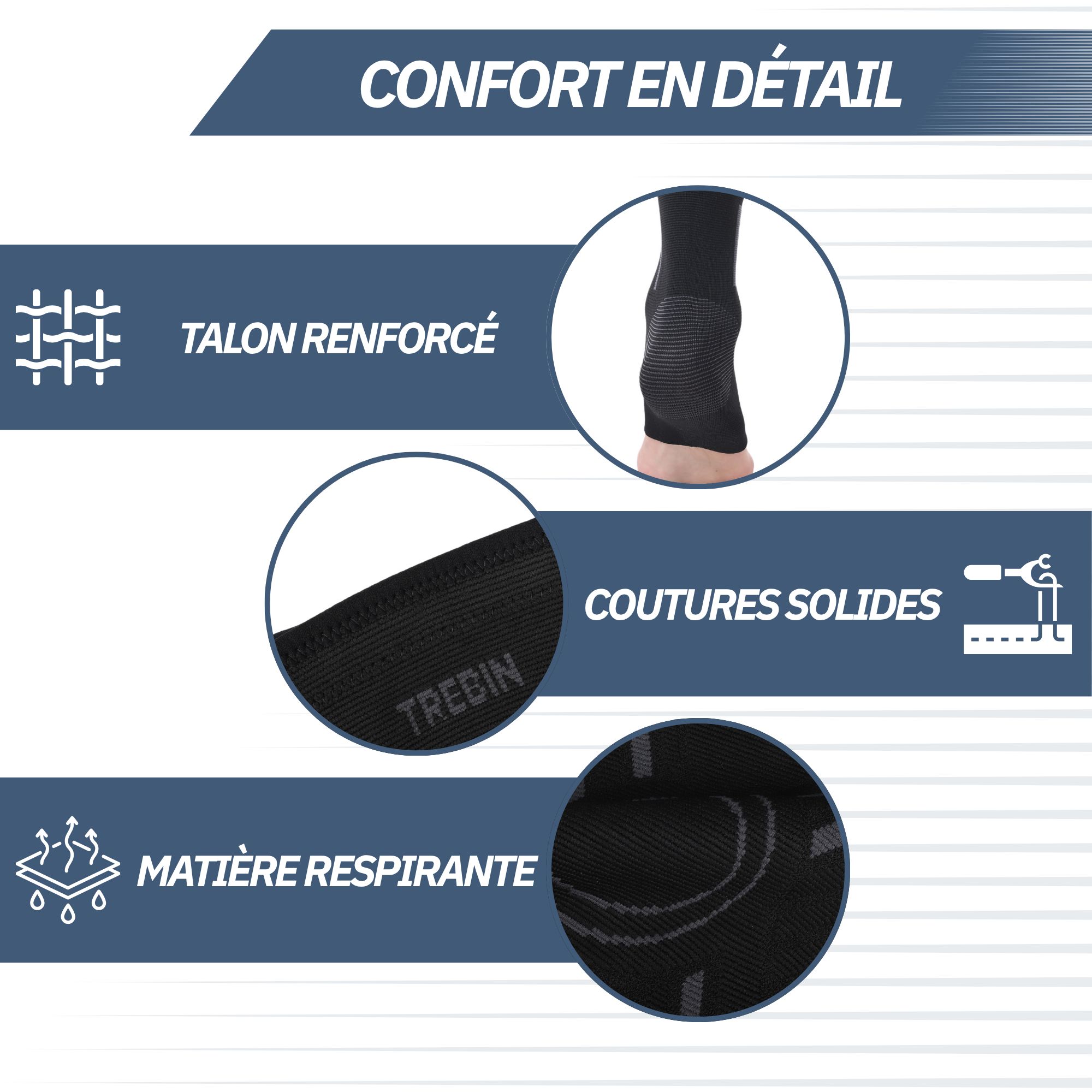 Genouillère noire avec talon renforcé, coutures solides et matière respirante.