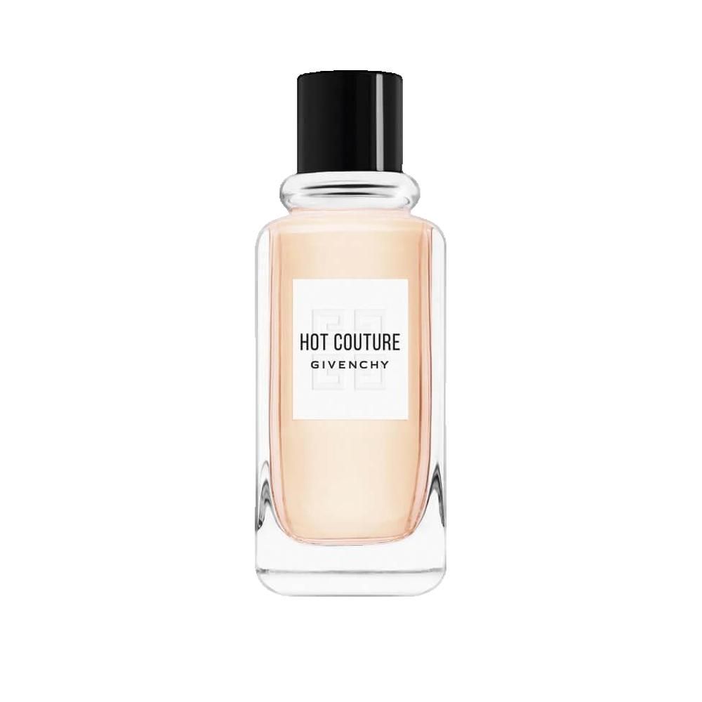 Givenchy Hot Couture flacon. Zwarte dop. Opschrift Hot Couture en Givenchy. Rechthoekige vorm.