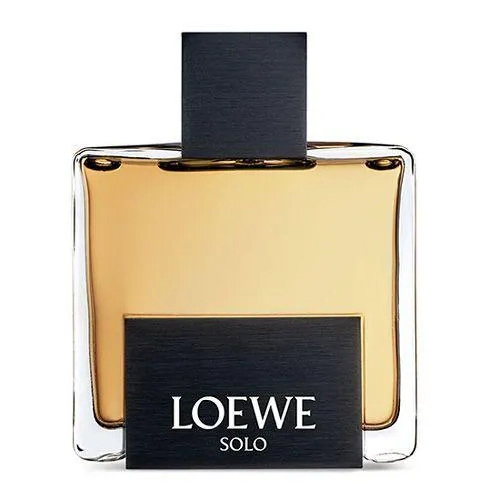 Flacon Loewe Solo. Flacon rectangulaire avec bouchon et étiquette noirs. Logo Loewe Solo.
