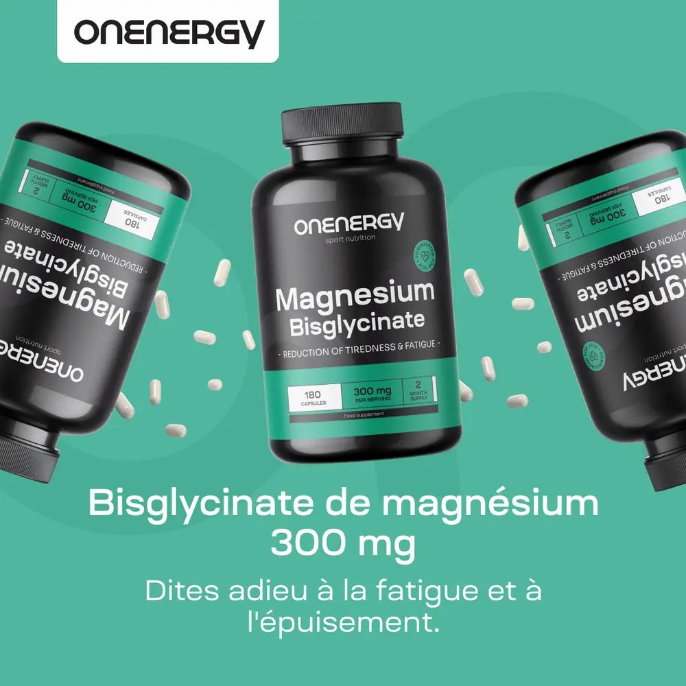 Flacons avec capsules. Texte : Bisglycinate de magnésium 300 mg, 180 gélules. Dites adieu à la fatigue.