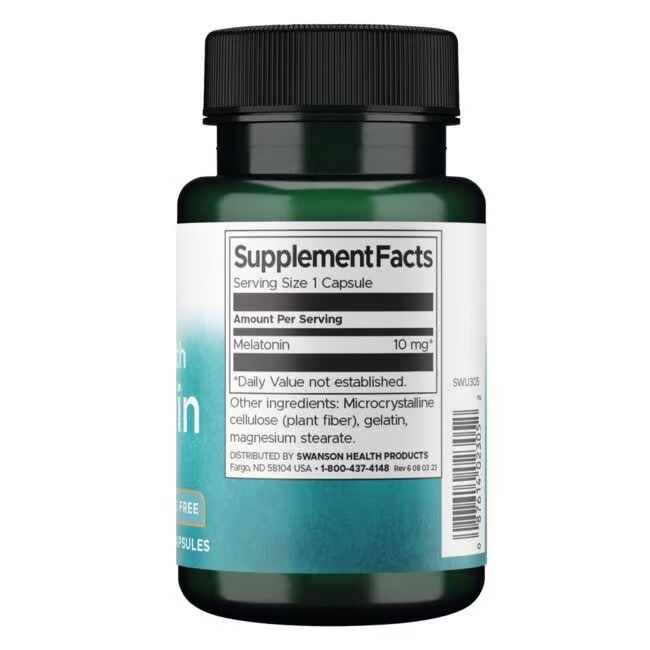 Dos du flacon vert. Étiquette avec informations nutritionnelles: Mélatonine 10 mg. Autres ingrédients. Bouchon noir.