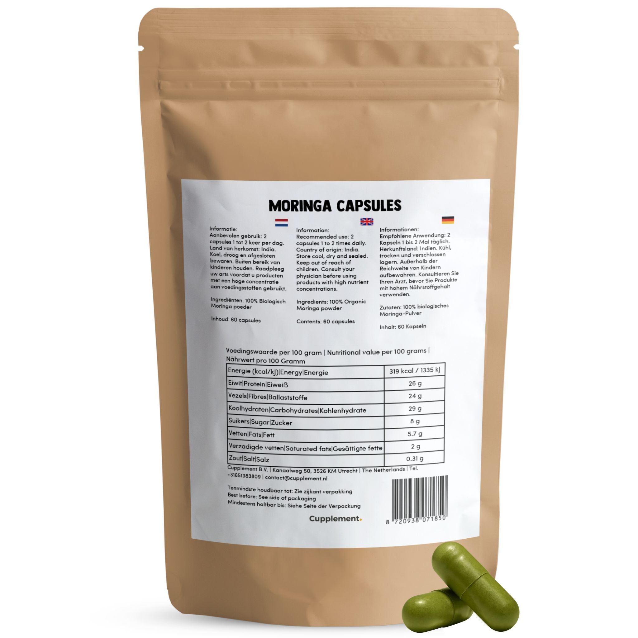 Sachet marron avec capsules de moringa. Inscription : Moringa Capsules. Contient 60 capsules. Deux gélules vertes à côté.