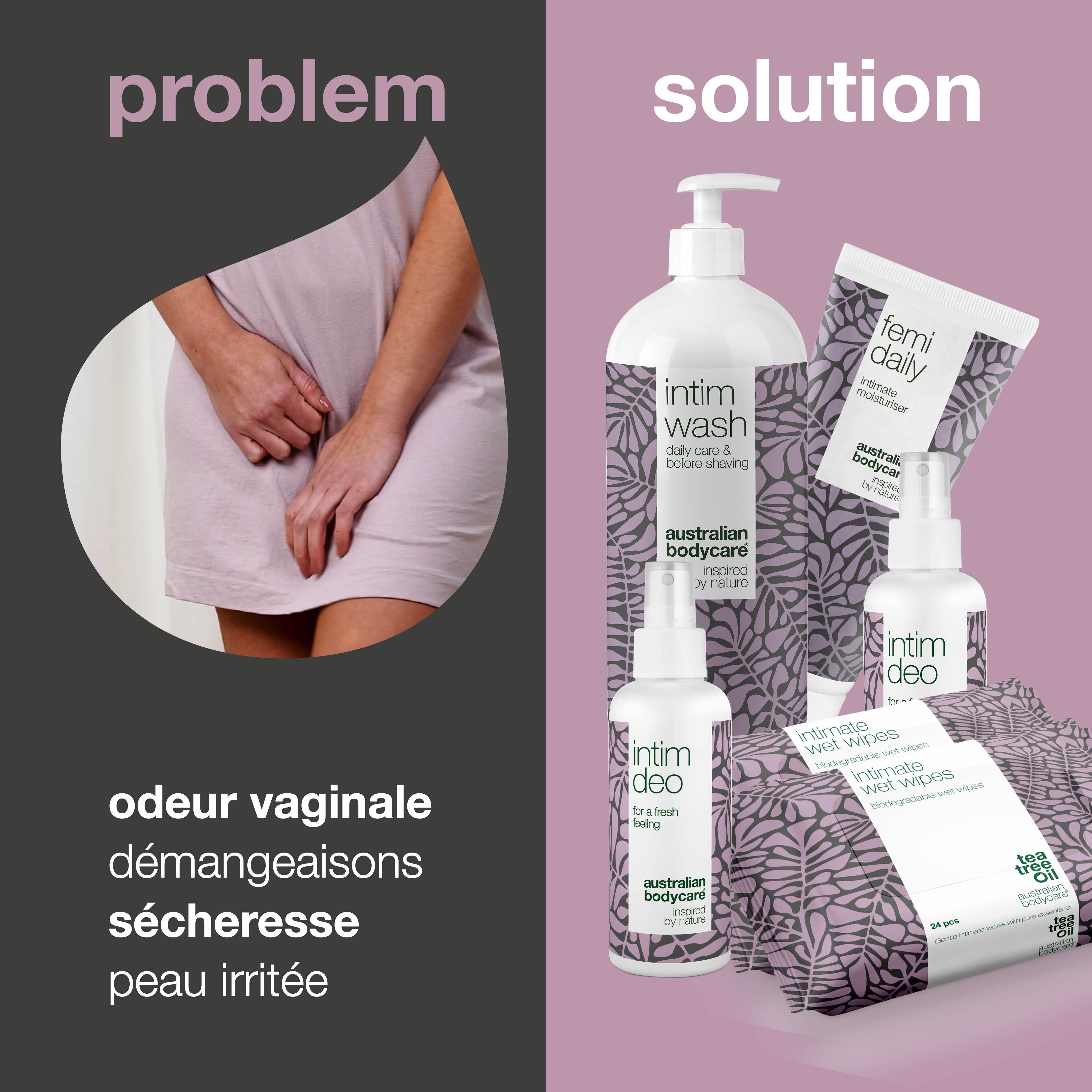 Comparaison des problèmes et des solutions. Produits : gel lavant intime, hydratant, déodorant et lingettes.